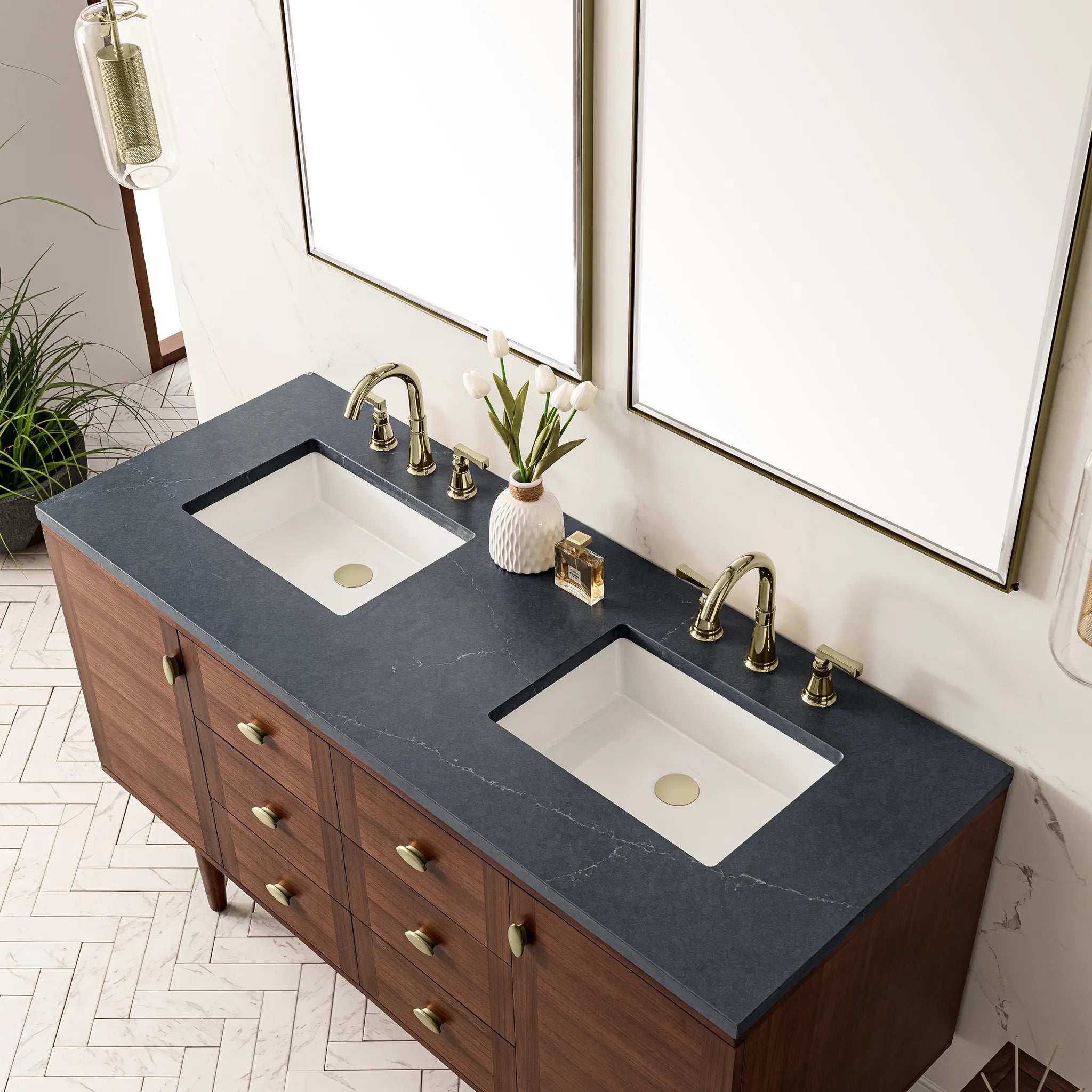60" Amberly Double Vanity in Mid-Century Walnut-Charcoal Soapstone Silestone-8" Widespread image 13