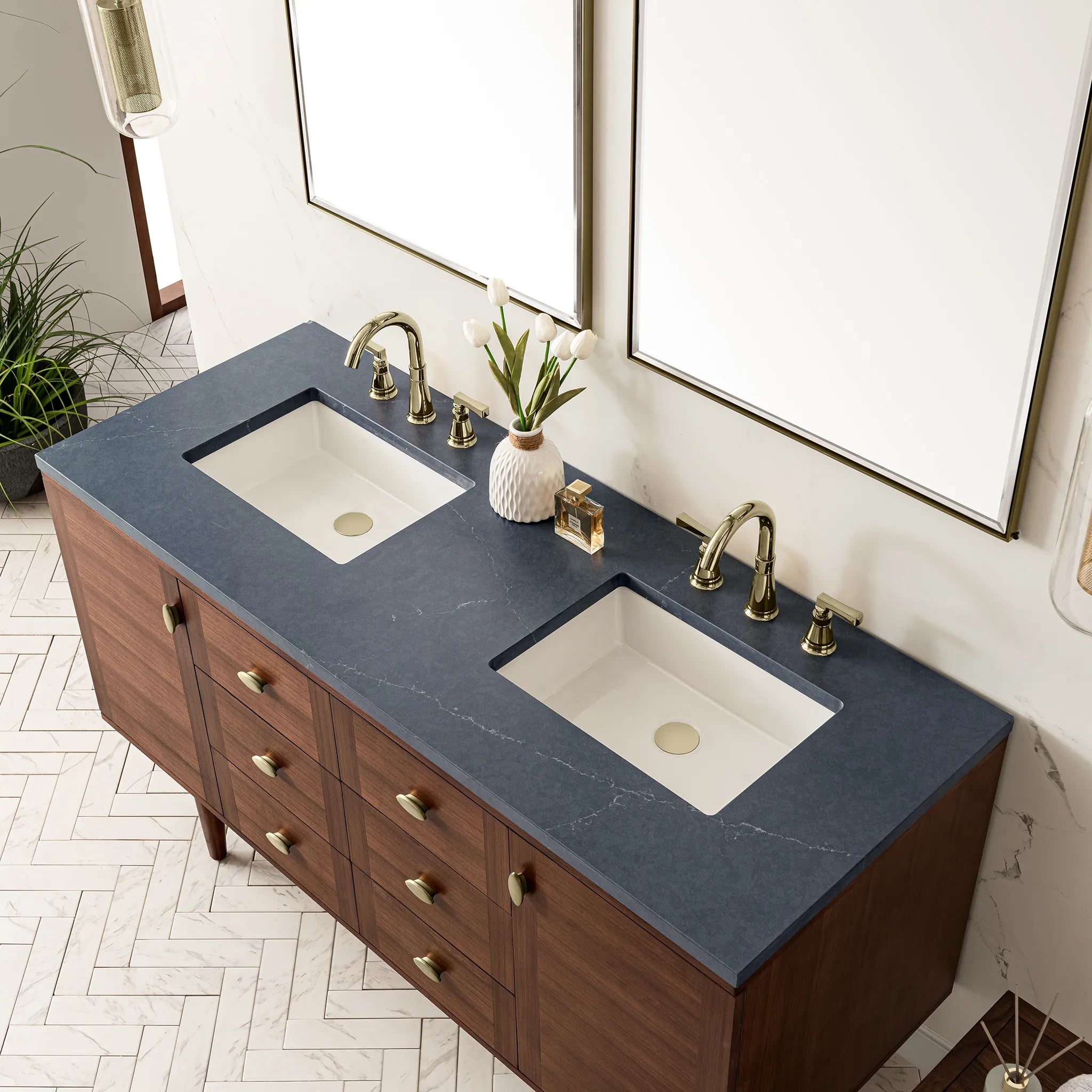 60" Amberly Double Vanity in Mid-Century Walnut-Charcoal Soapstone Silestone-8" Widespread image 15