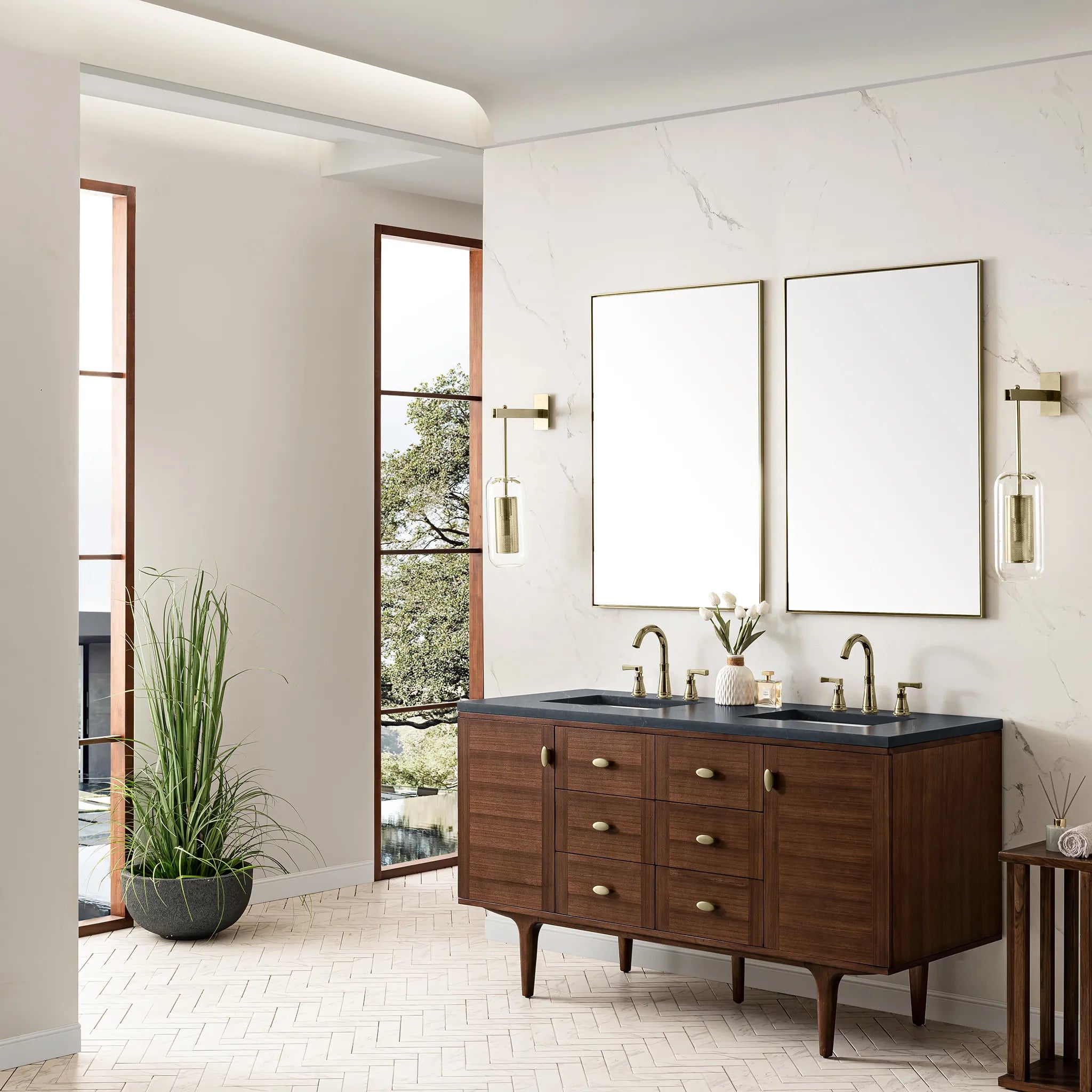 60" Amberly Double Vanity in Mid-Century Walnut-Charcoal Soapstone Silestone-8" Widespread image 6
