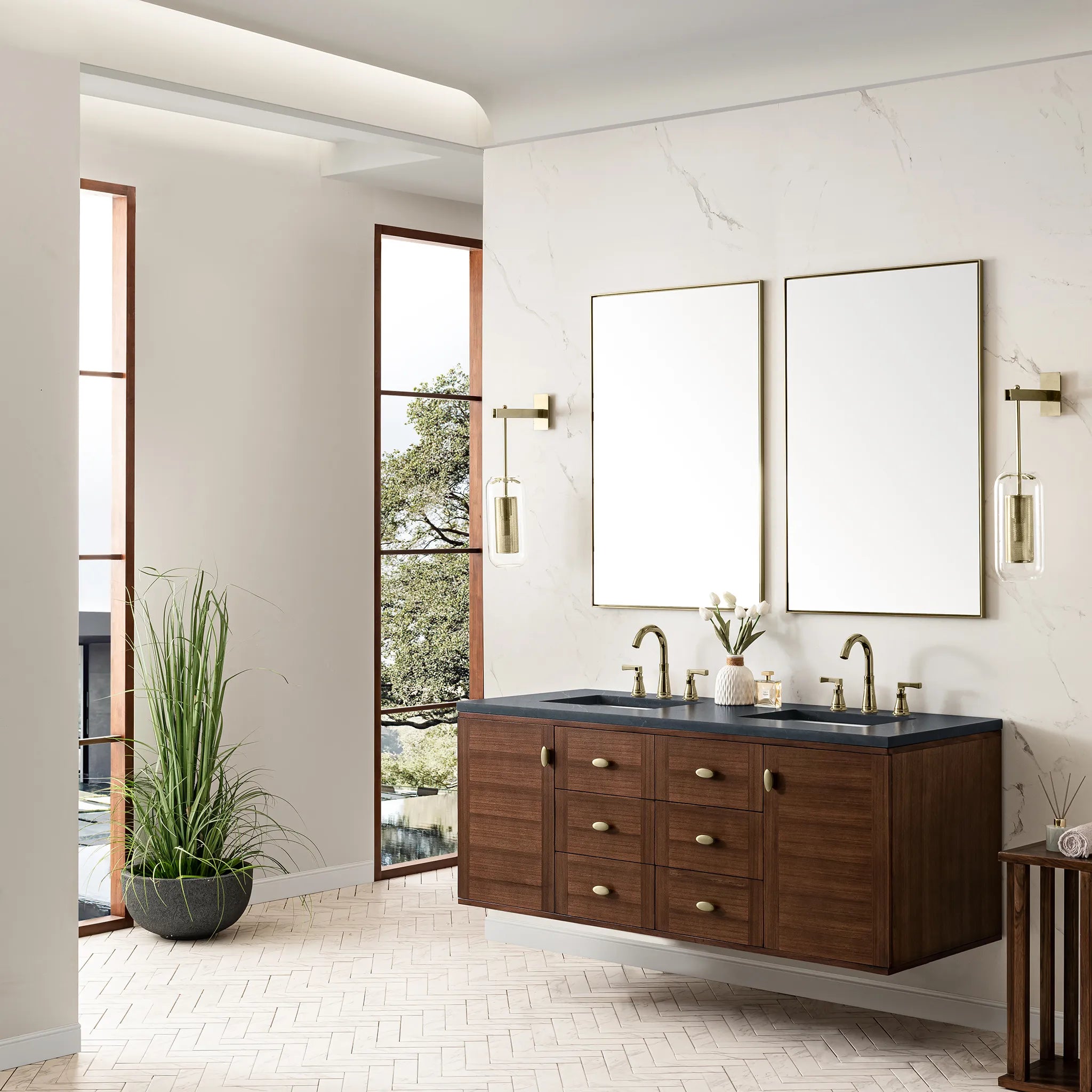 60" Amberly Double Vanity in Mid-Century Walnut-Charcoal Soapstone Silestone-8" Widespread image 7