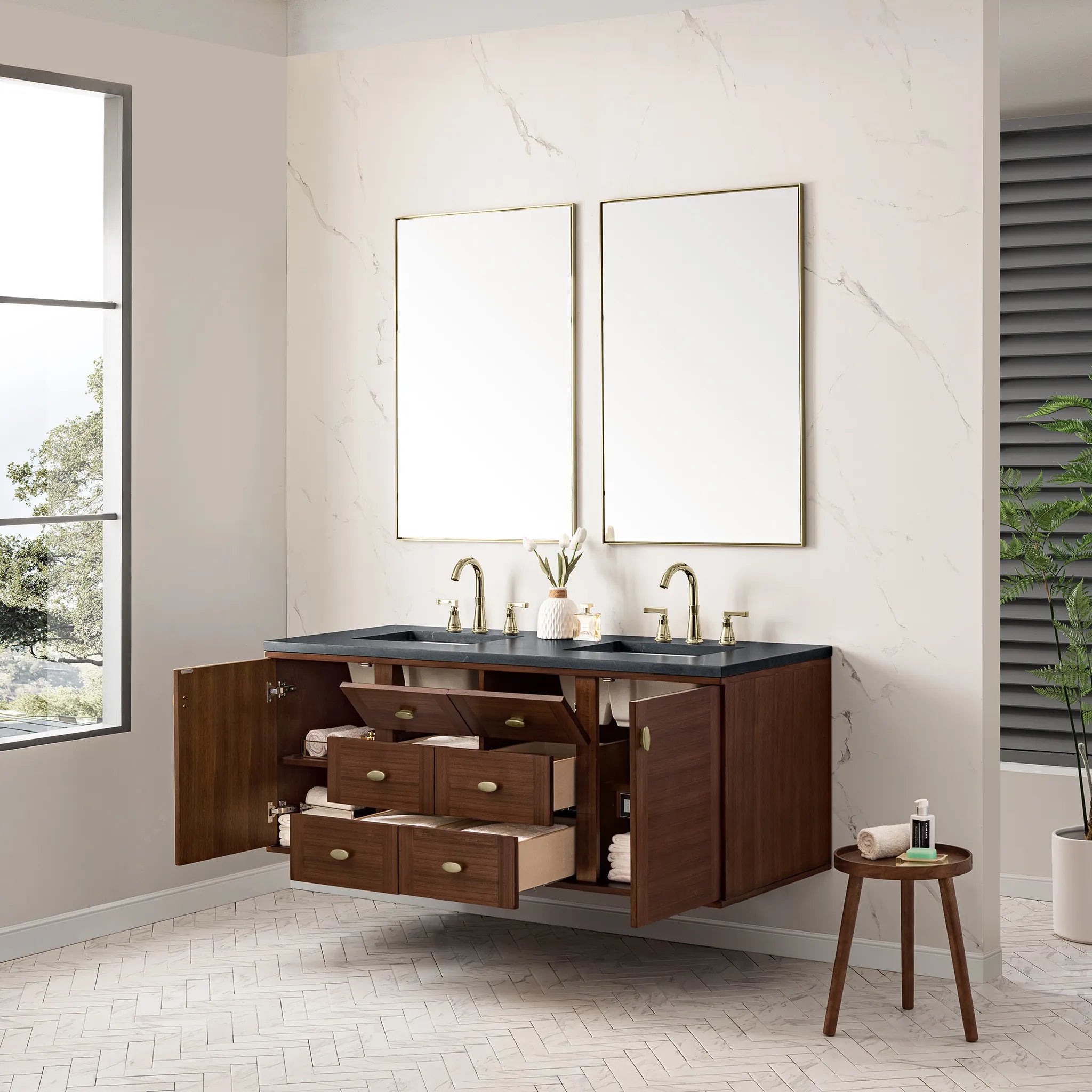 60" Amberly Double Vanity in Mid-Century Walnut-Charcoal Soapstone Silestone-8" Widespread image 9