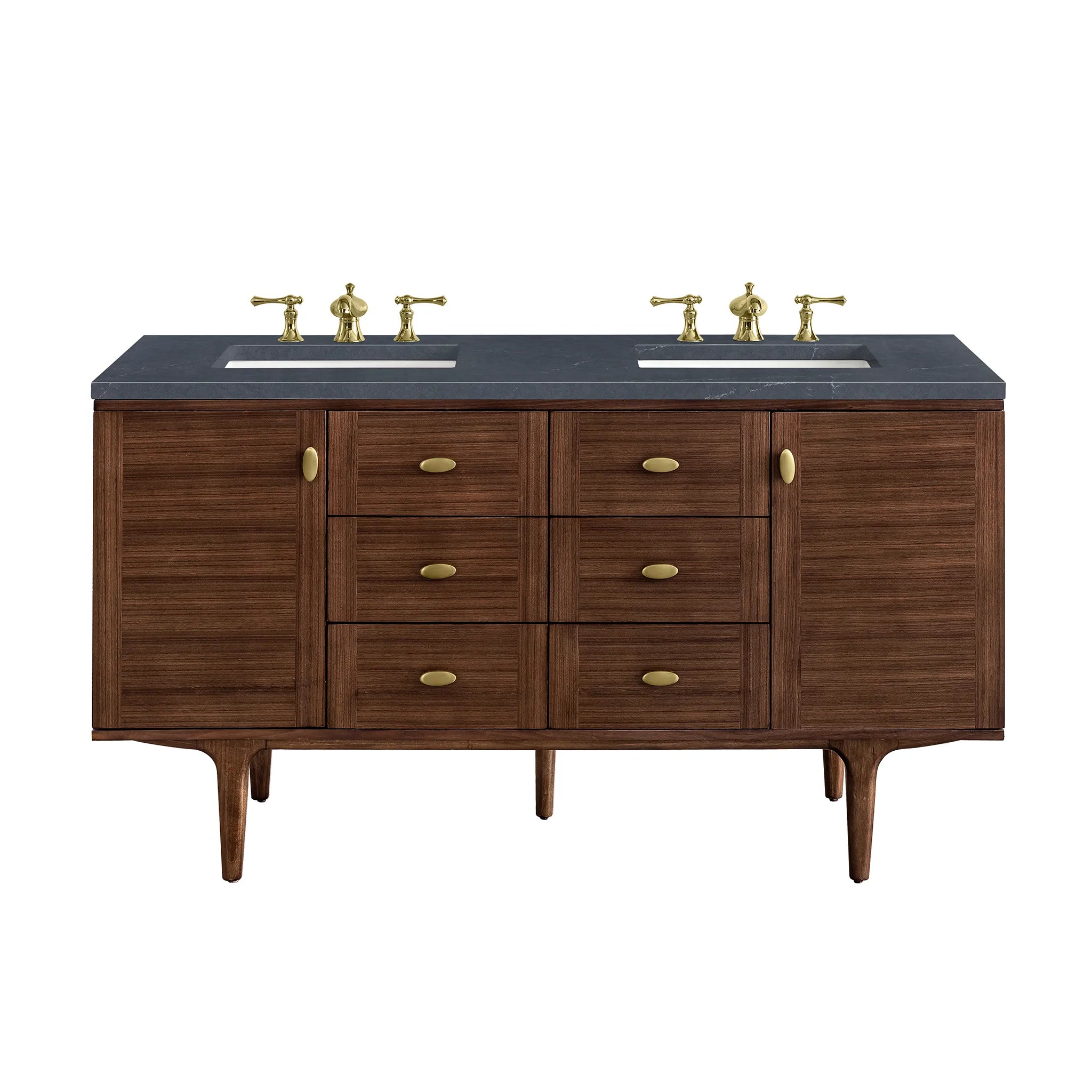 60" Amberly Double Vanity in Mid-Century Walnut-Charcoal Soapstone Silestone-8" Widespread image