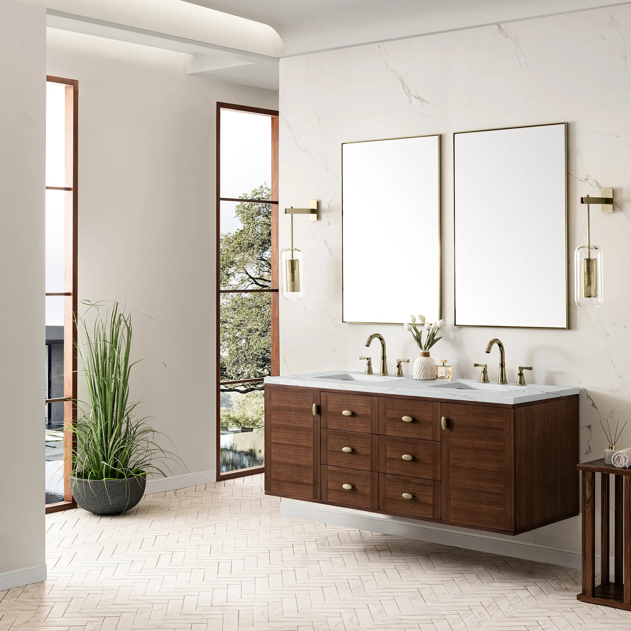 60" Amberly Double Vanity in Mid-Century Walnut-Ethereal Noctis Silestone-8" Widespread image 5