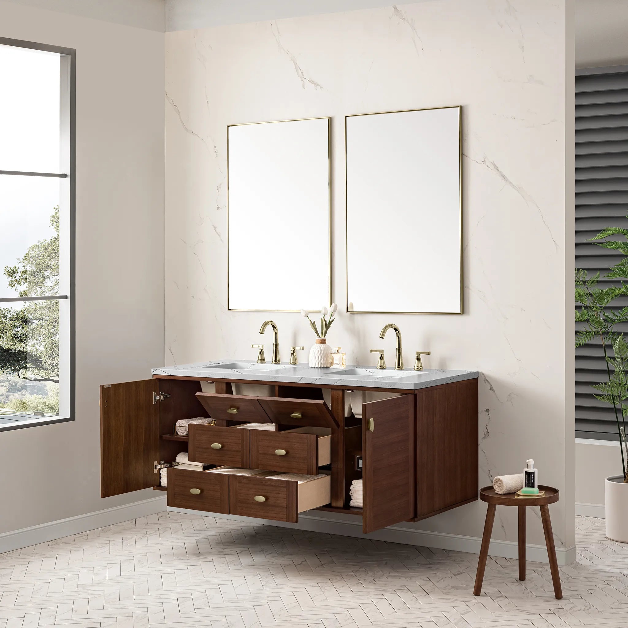 60" Amberly Double Vanity in Mid-Century Walnut-Ethereal Noctis Silestone-8" Widespread image 7