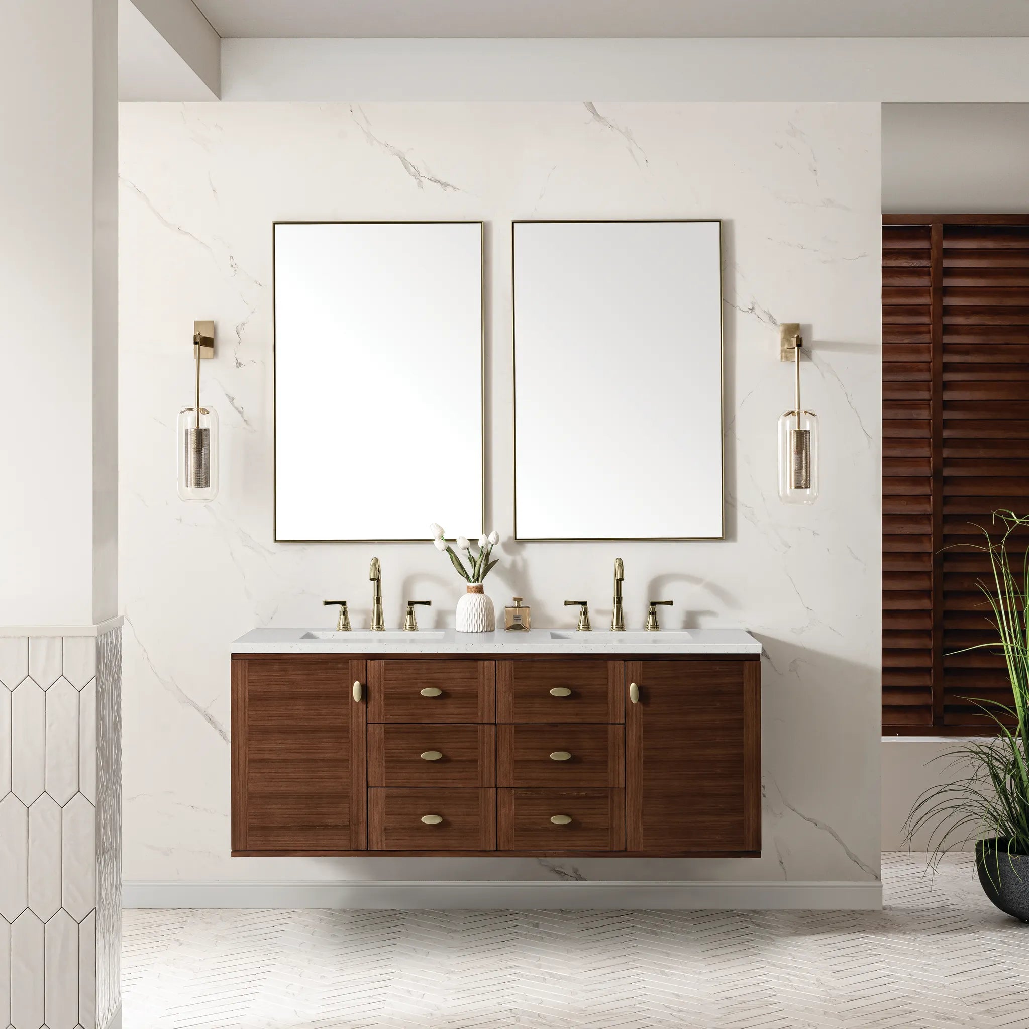 60" Amberly Double Vanity in Mid-Century Walnut-Lime Delight Silestone-8" Widespread image 3