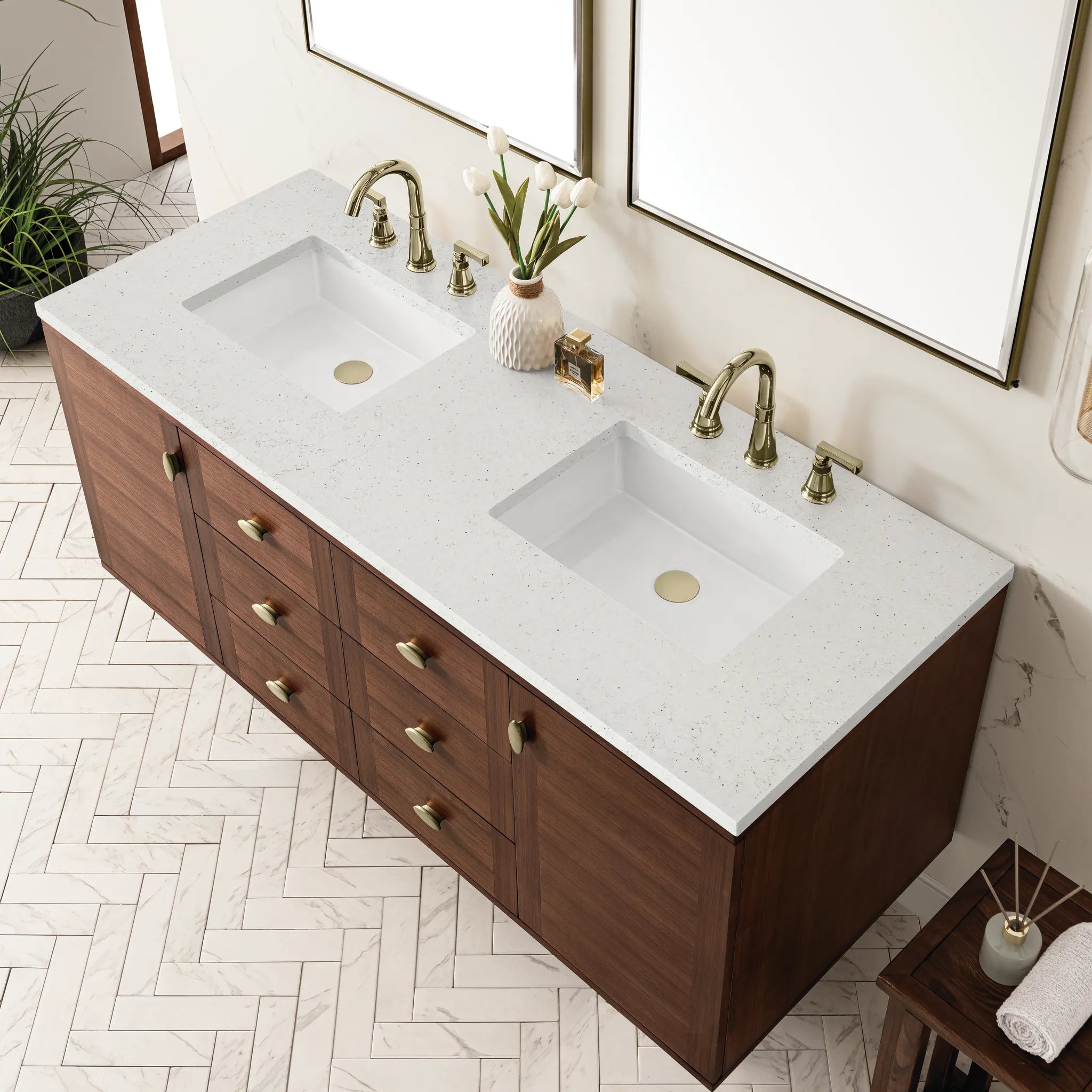 60" Amberly Double Vanity in Mid-Century Walnut-Lime Delight Silestone-8" Widespread image 9