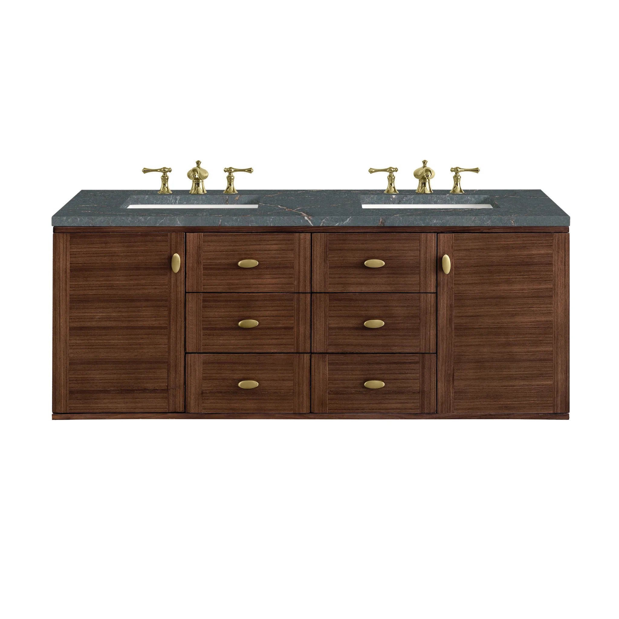 60" Amberly Double Vanity in Mid-Century Walnut-Parisien Bleu Silestone-8" Widespread image 1