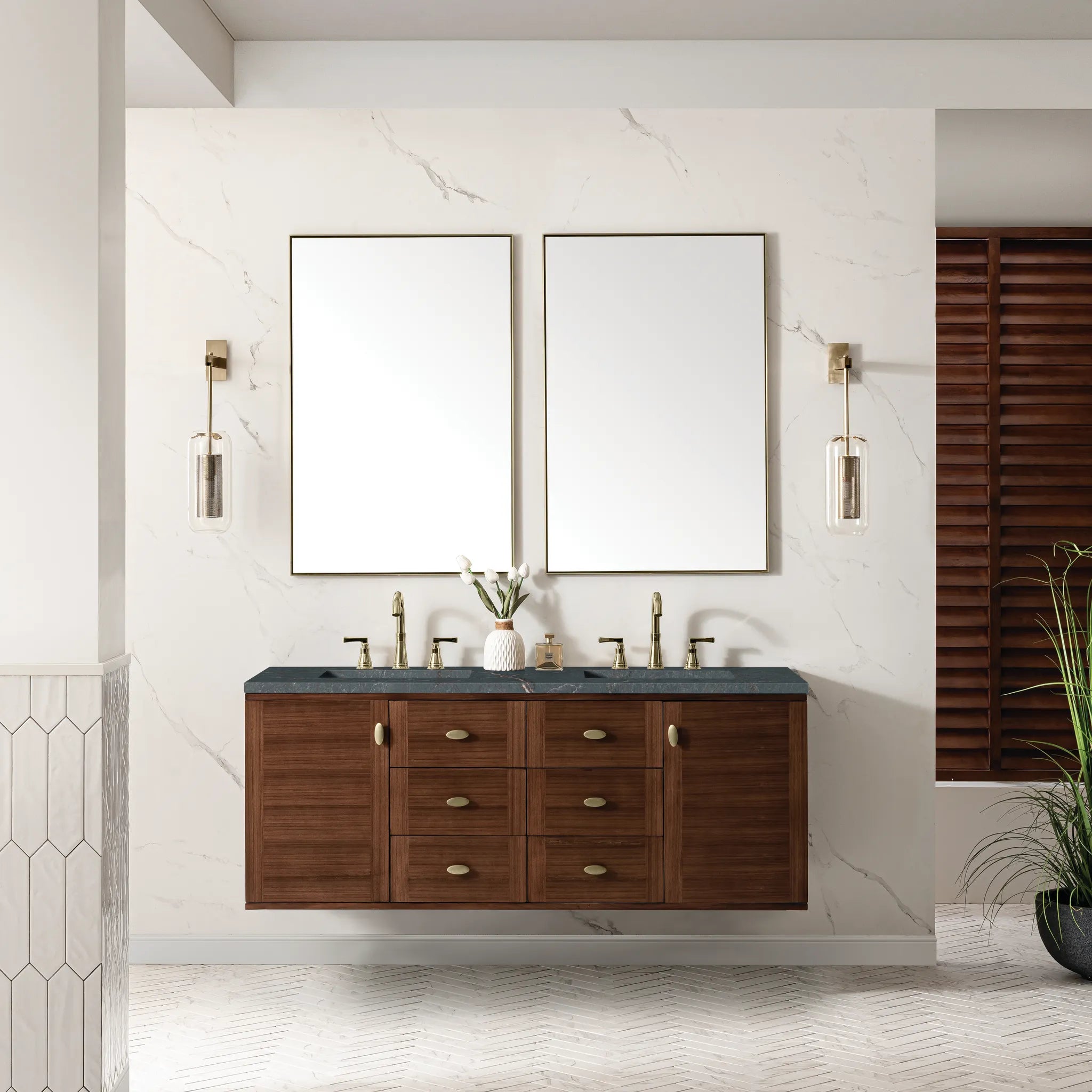 60" Amberly Double Vanity in Mid-Century Walnut-Parisien Bleu Silestone-8" Widespread image 3