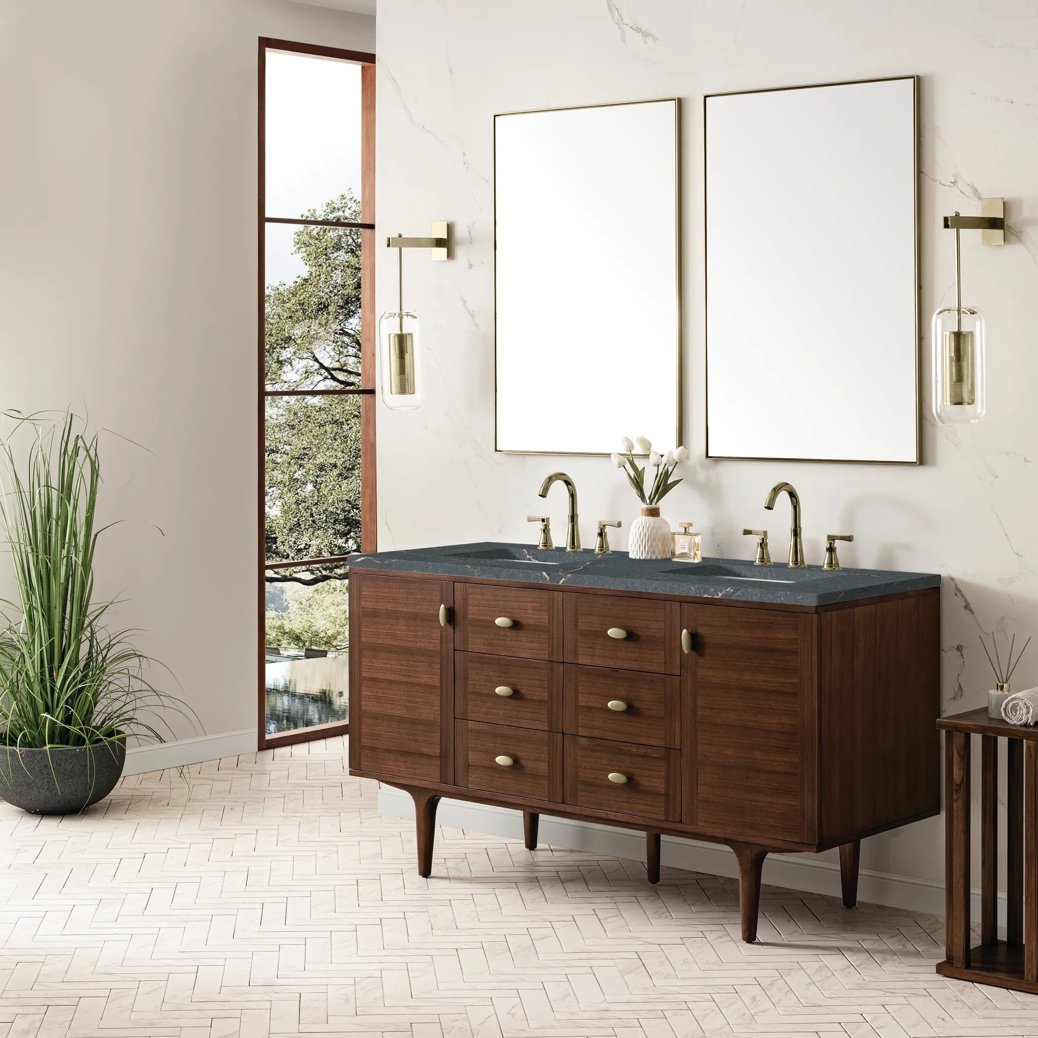 60" Amberly Double Vanity in Mid-Century Walnut-Parisien Bleu Silestone-8" Widespread image 4