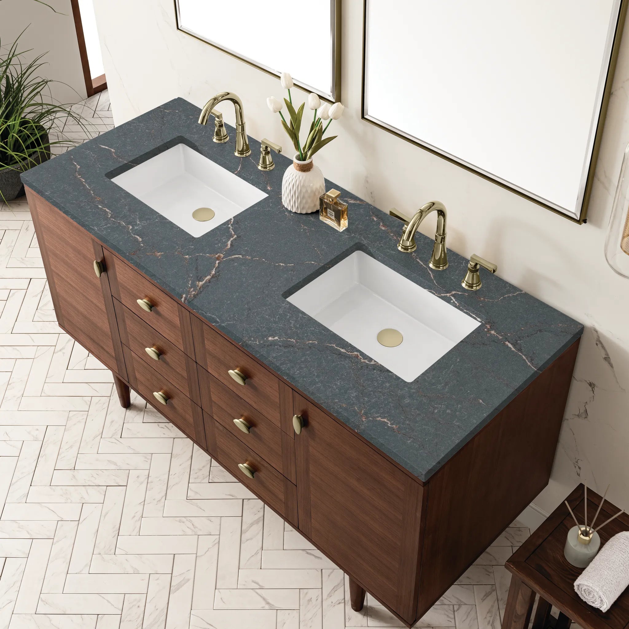 60" Amberly Double Vanity in Mid-Century Walnut-Parisien Bleu Silestone-8" Widespread image 8