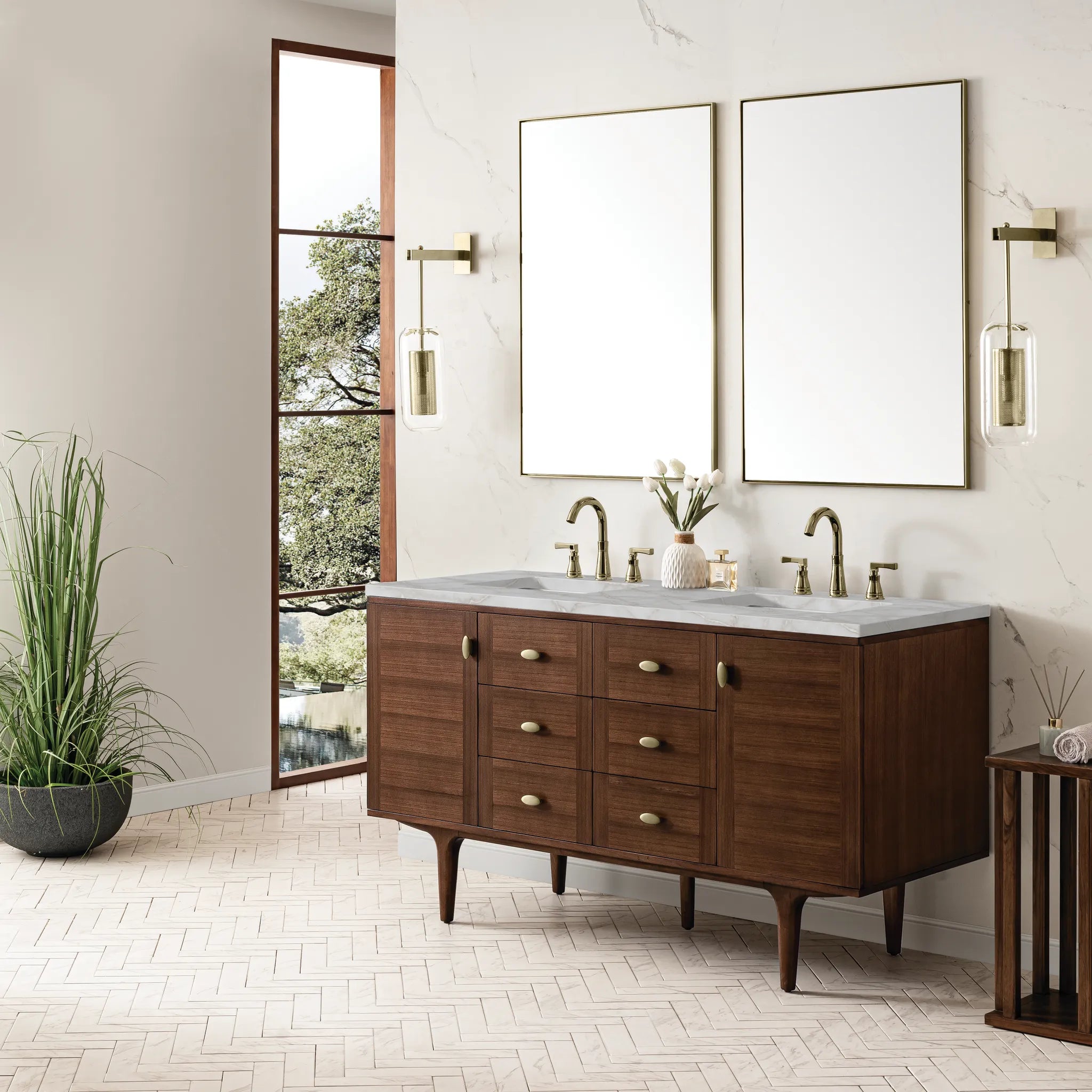 60" Amberly Double Vanity in Mid-Century Walnut-Victorian Silver Silestone-8" Widespread image 4