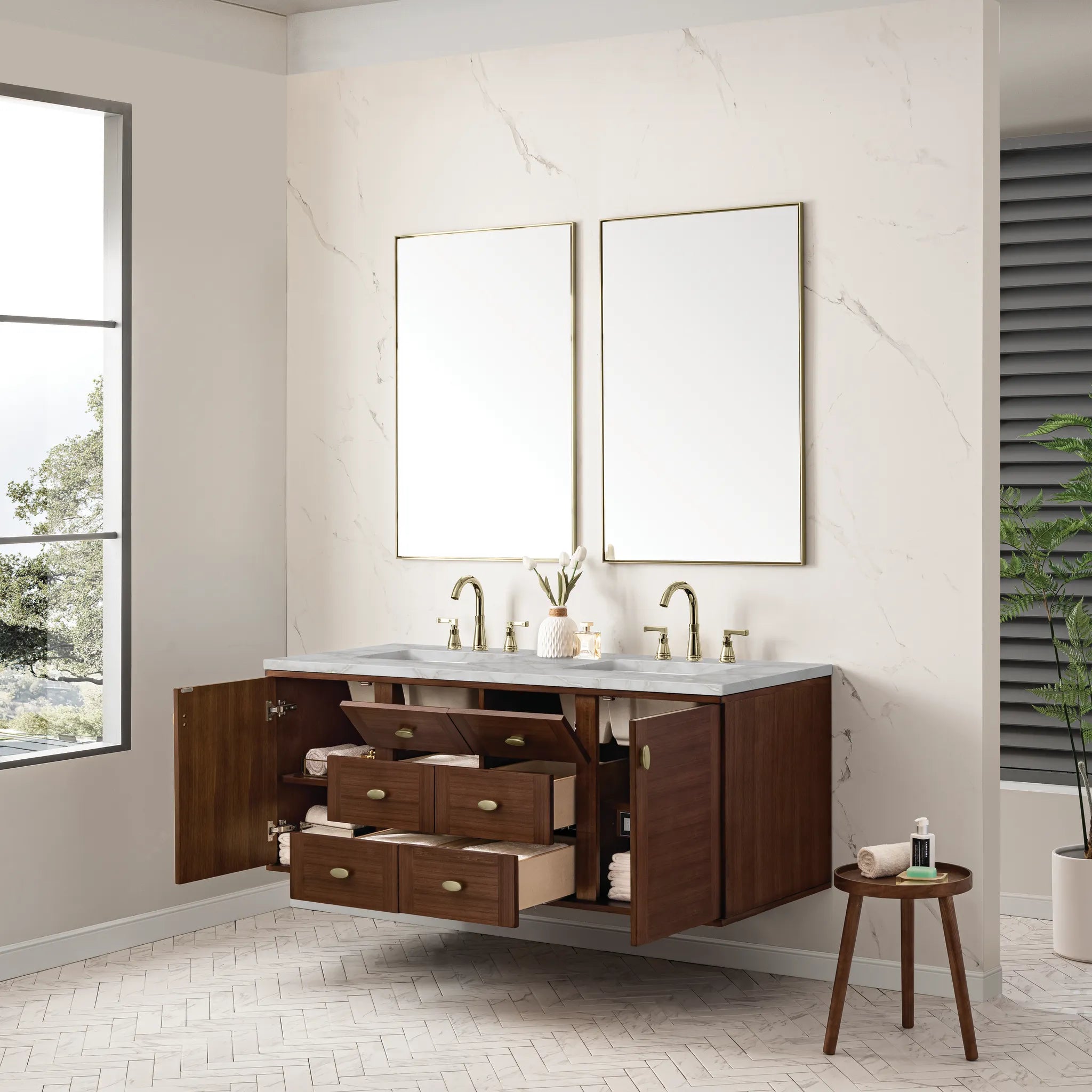 60" Amberly Double Vanity in Mid-Century Walnut-Victorian Silver Silestone-8" Widespread image 7