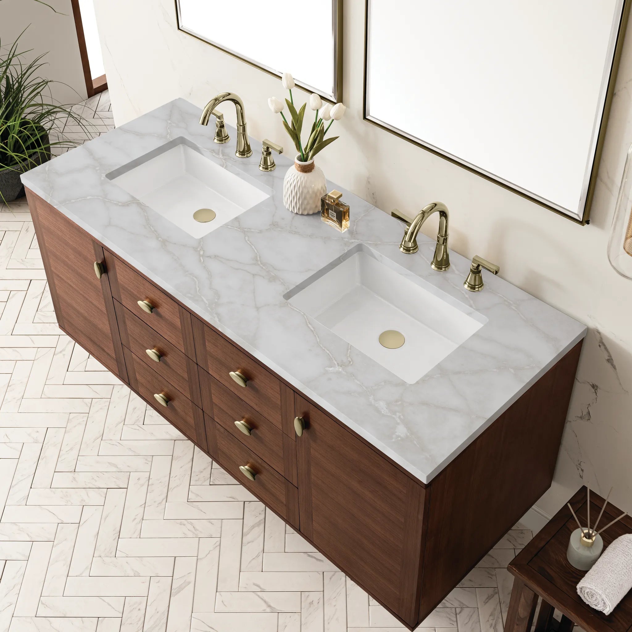 60" Amberly Double Vanity in Mid-Century Walnut-Victorian Silver Silestone-8" Widespread image 9