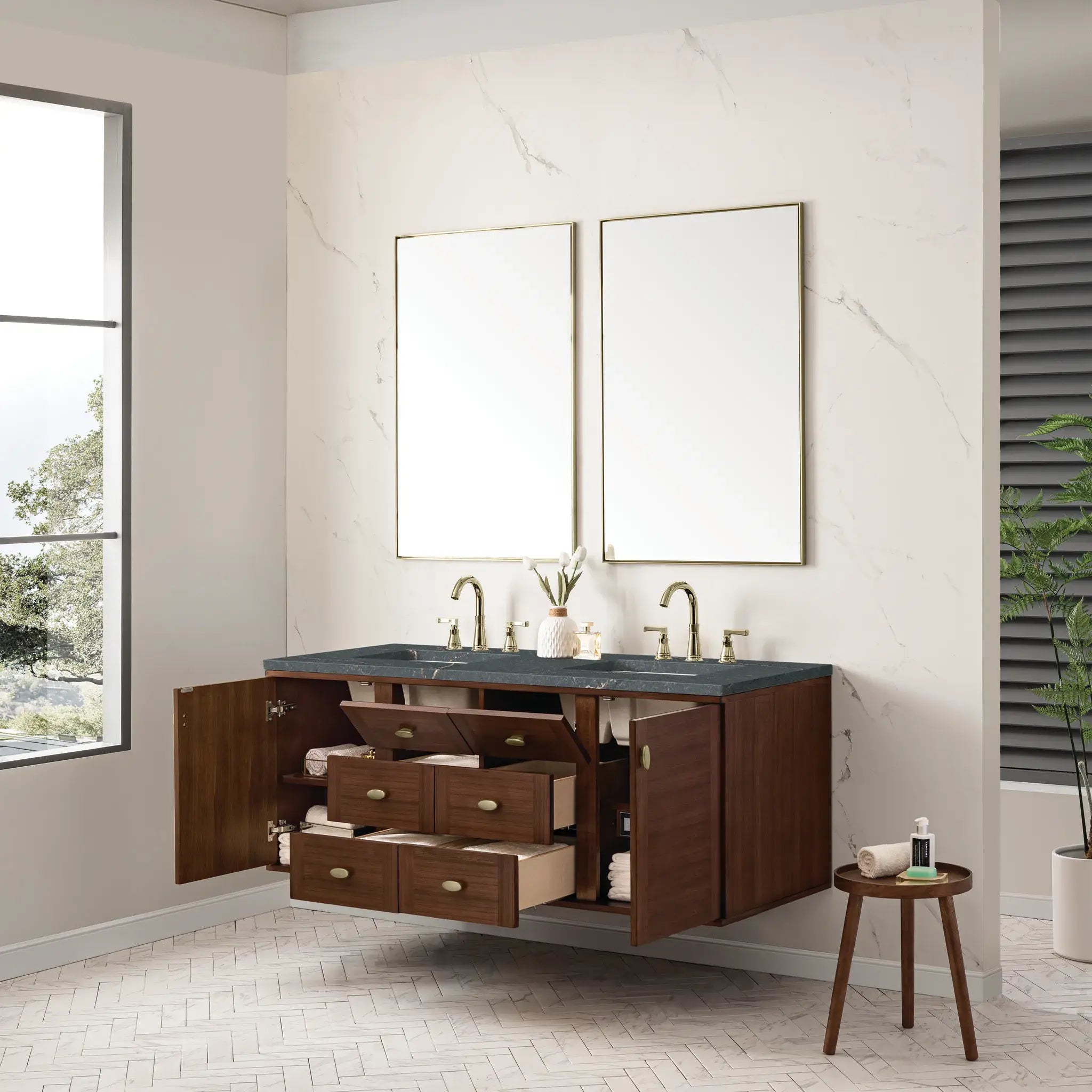 60" Amberly Double Vanity in Mid-Century Walnut w/FreePower Wireless Charger-Parisien Bleu Silestone-8" Widespread image 10