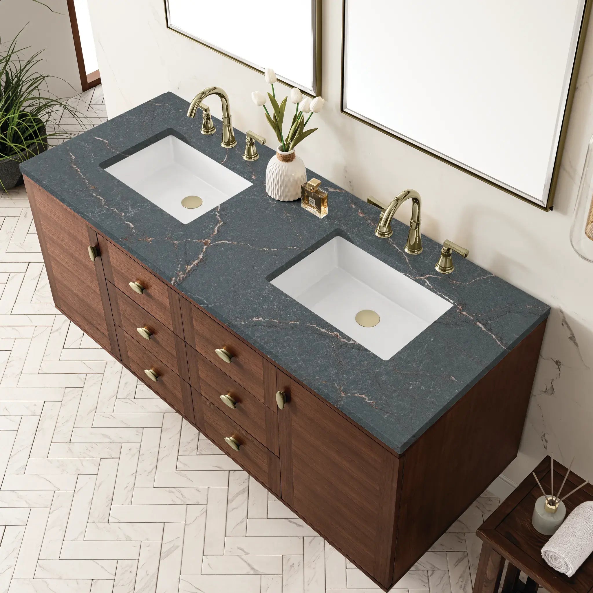 60" Amberly Double Vanity in Mid-Century Walnut w/FreePower Wireless Charger-Parisien Bleu Silestone-8" Widespread image 13