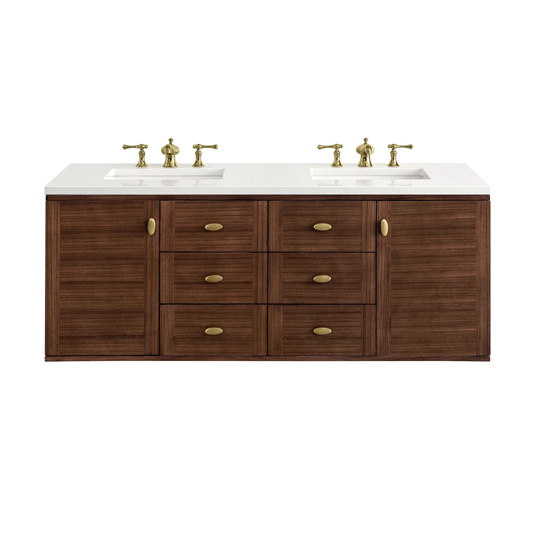 60" Amberly Double Vanity in Mid-Century Walnut-White Zeus Silestone-8" Widespread image 2