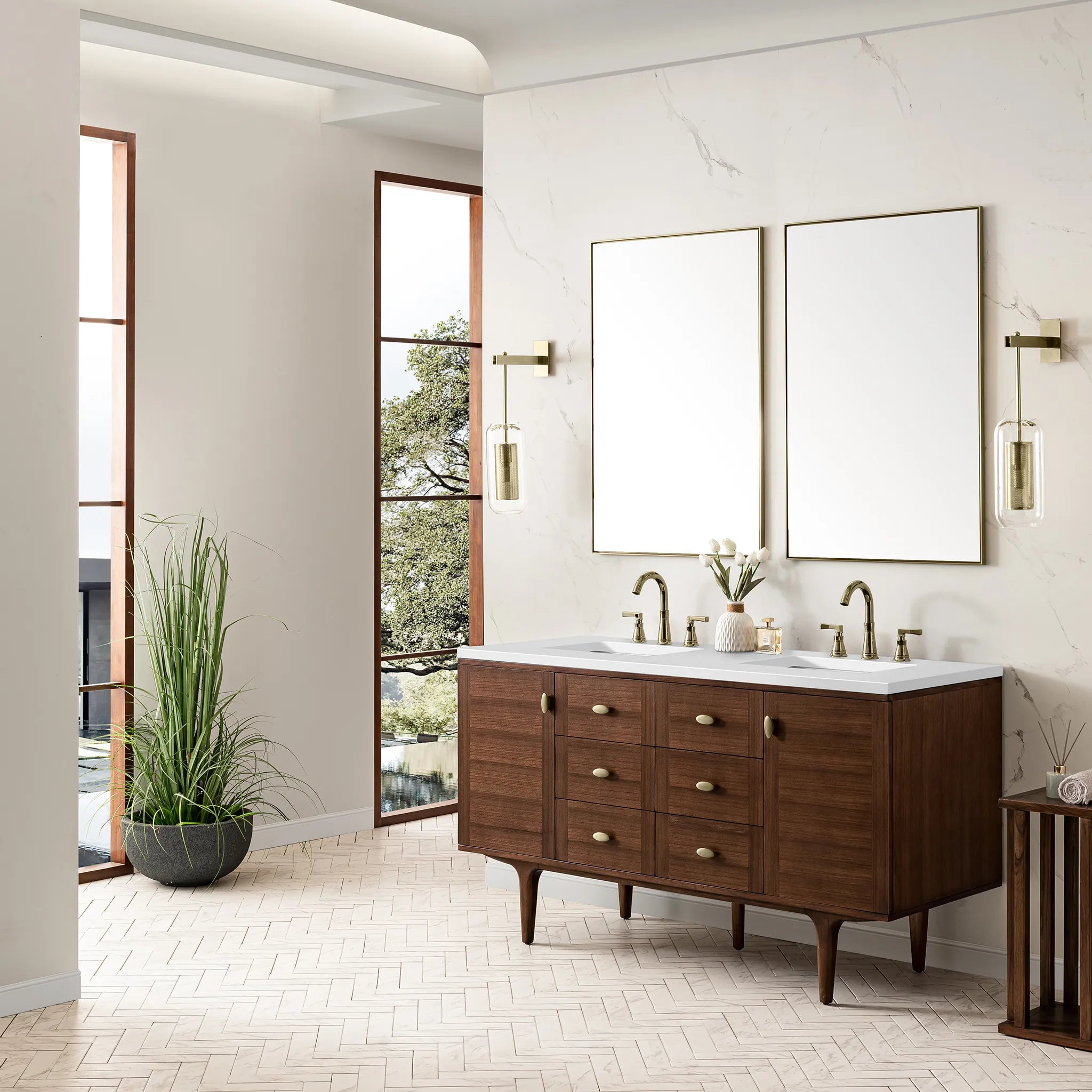 60" Amberly Double Vanity in Mid-Century Walnut-White Zeus Silestone-8" Widespread image 6