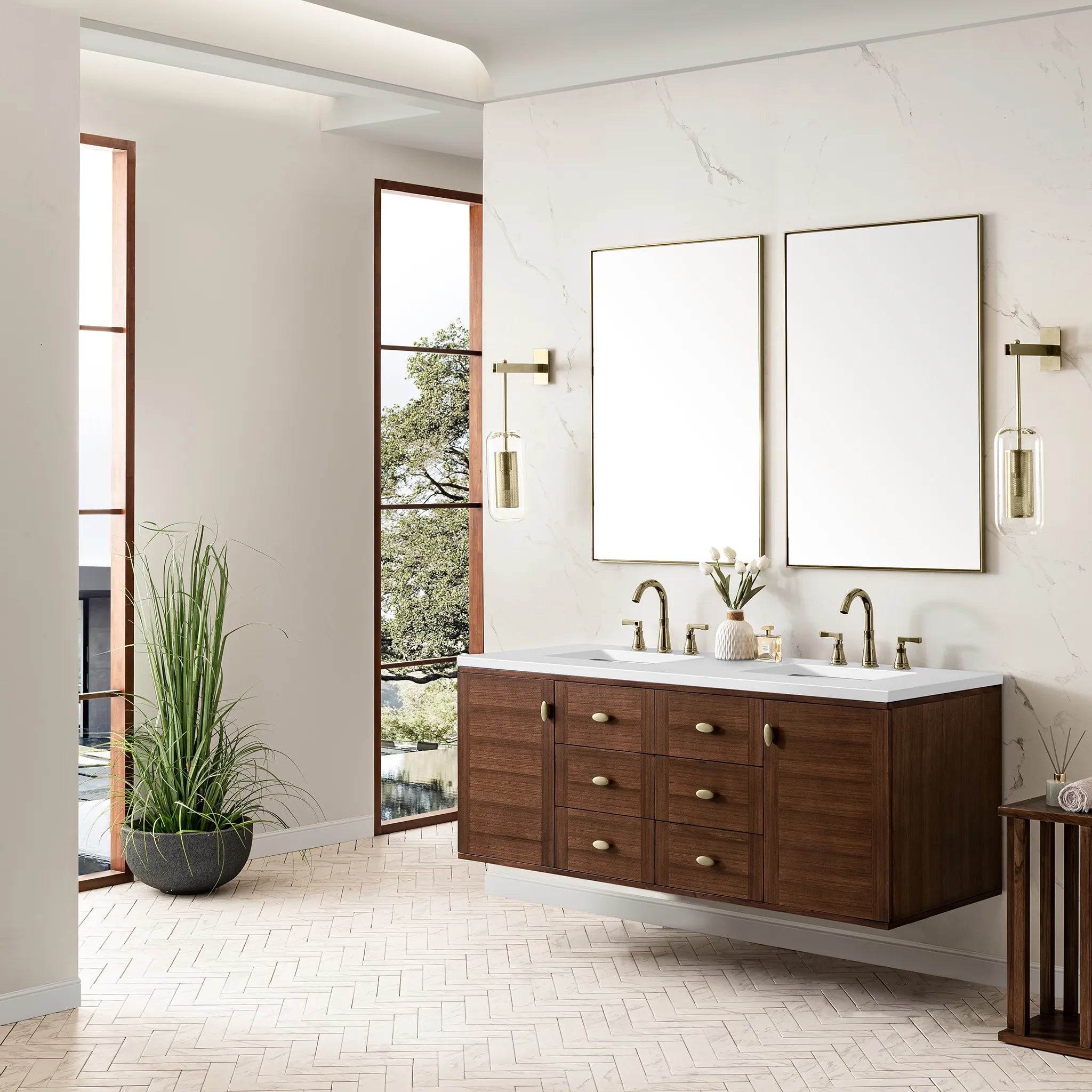 60" Amberly Double Vanity in Mid-Century Walnut-White Zeus Silestone-8" Widespread image 7
