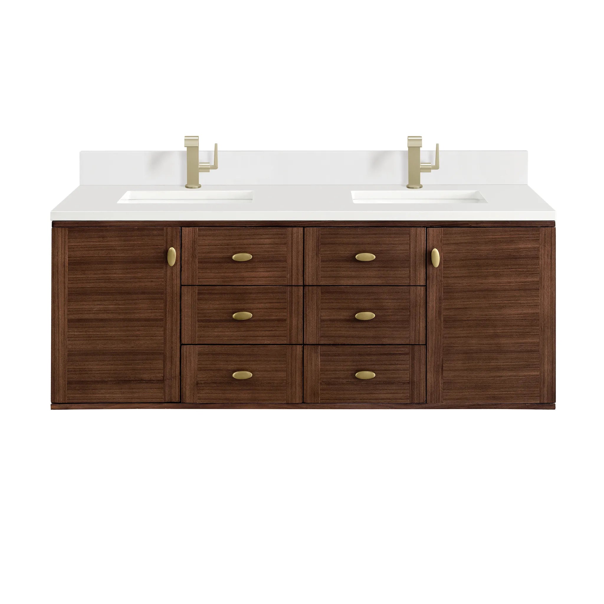 60" Amberly Double Vanity in Mid-Century Walnut-White Zeus Silestone & Backsplash-Single Hole image