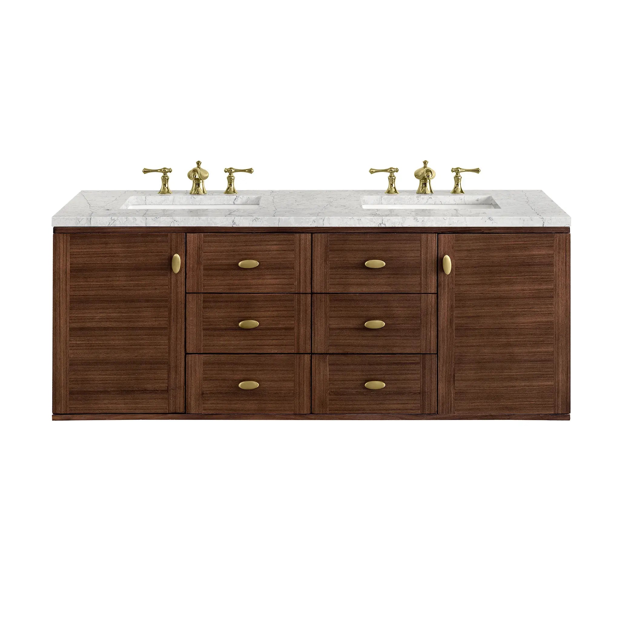 60" Amberly Double Vanity in Mid-Century Walnut Wireless Charger-Eternal Jasmine Pearl Silestone-8" Widespread image 1