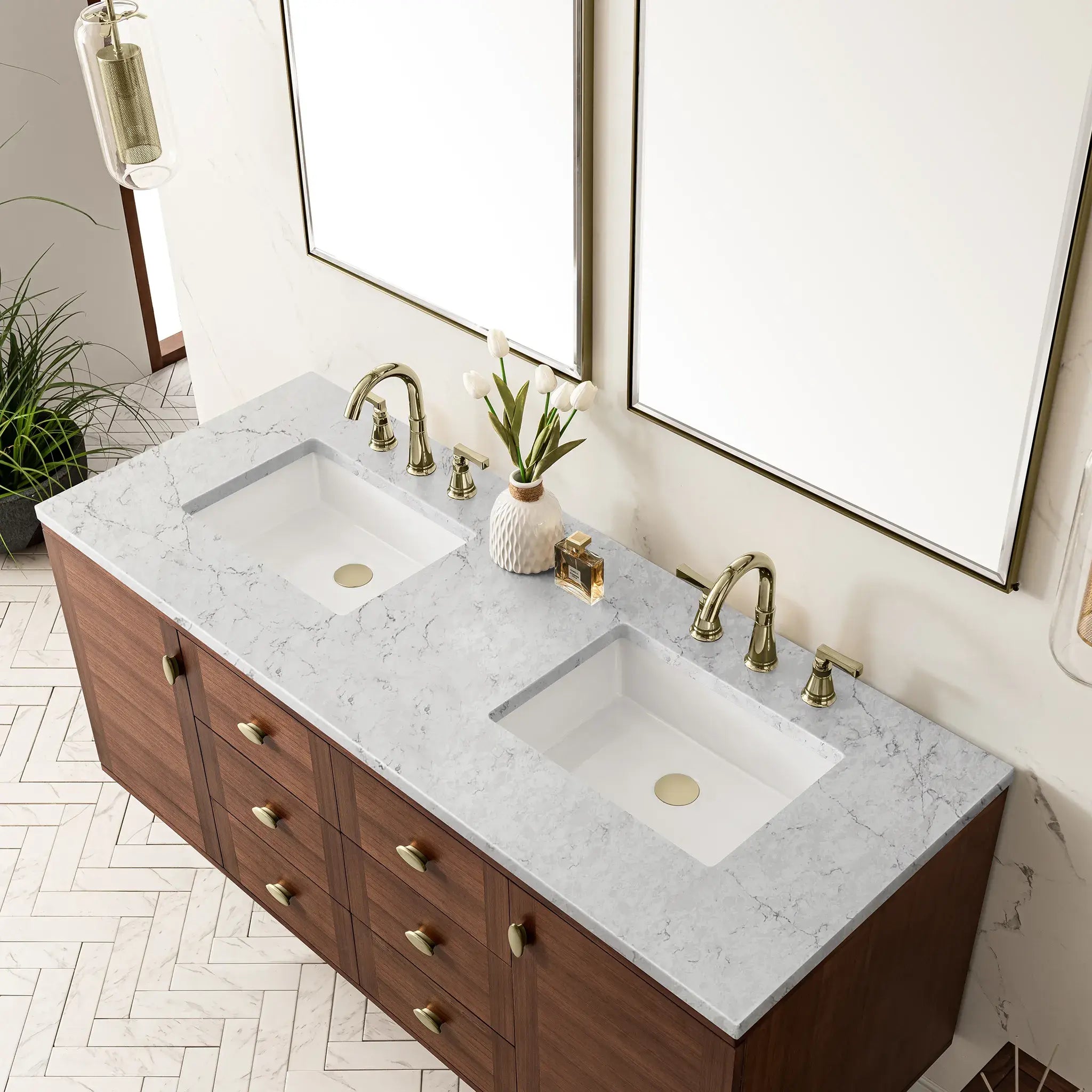 60" Amberly Double Vanity in Mid-Century Walnut Wireless Charger-Eternal Jasmine Pearl Silestone-8" Widespread image 13