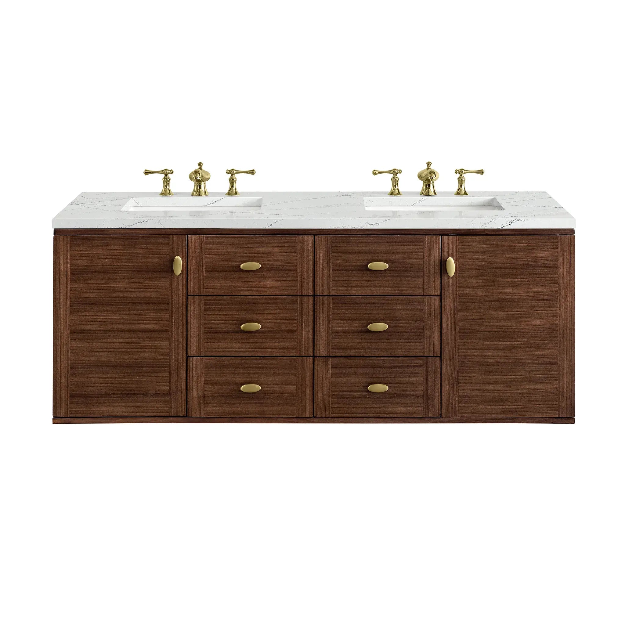 60" Amberly Double Vanity in Mid-Century Walnut Wireless Charger-Ethereal Noctis Silestone-8" Widespread image 1