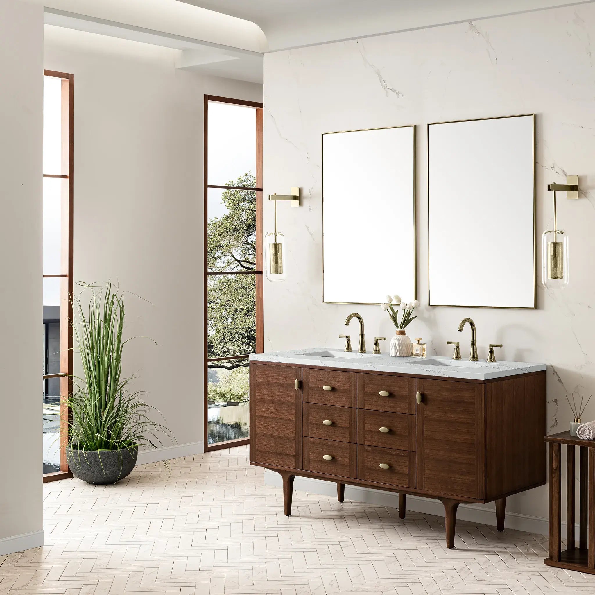 60" Amberly Double Vanity in Mid-Century Walnut Wireless Charger-Ethereal Noctis Silestone-8" Widespread image 7