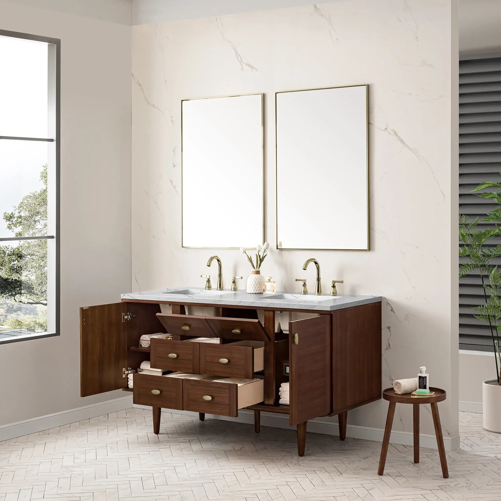 60" Amberly Double Vanity in Mid-Century Walnut Wireless Charger-Ethereal Noctis Silestone-8" Widespread image 9
