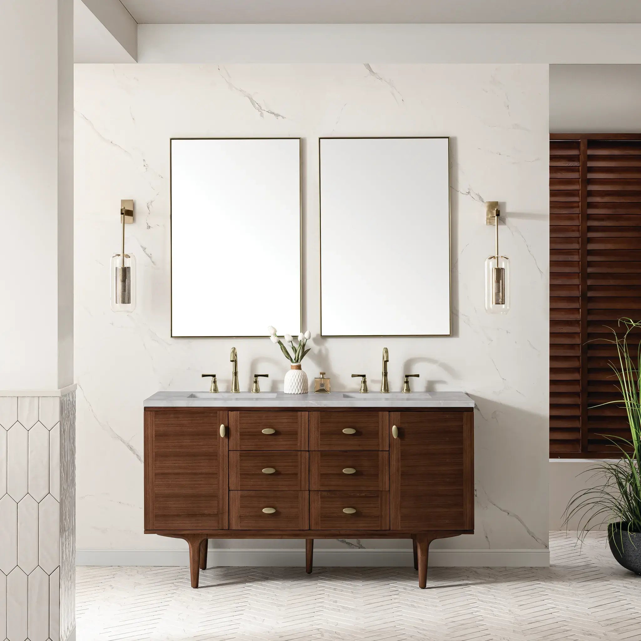 60" Amberly Double Vanity in Mid-Century Walnut Wireless Charger-Victorian Silver Silestone-8" Widespread image 5