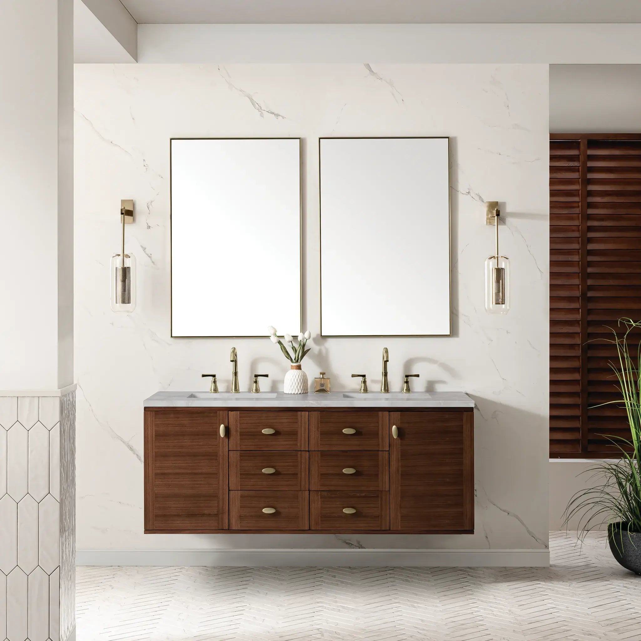 60" Amberly Double Vanity in Mid-Century Walnut Wireless Charger-Victorian Silver Silestone-8" Widespread image 6