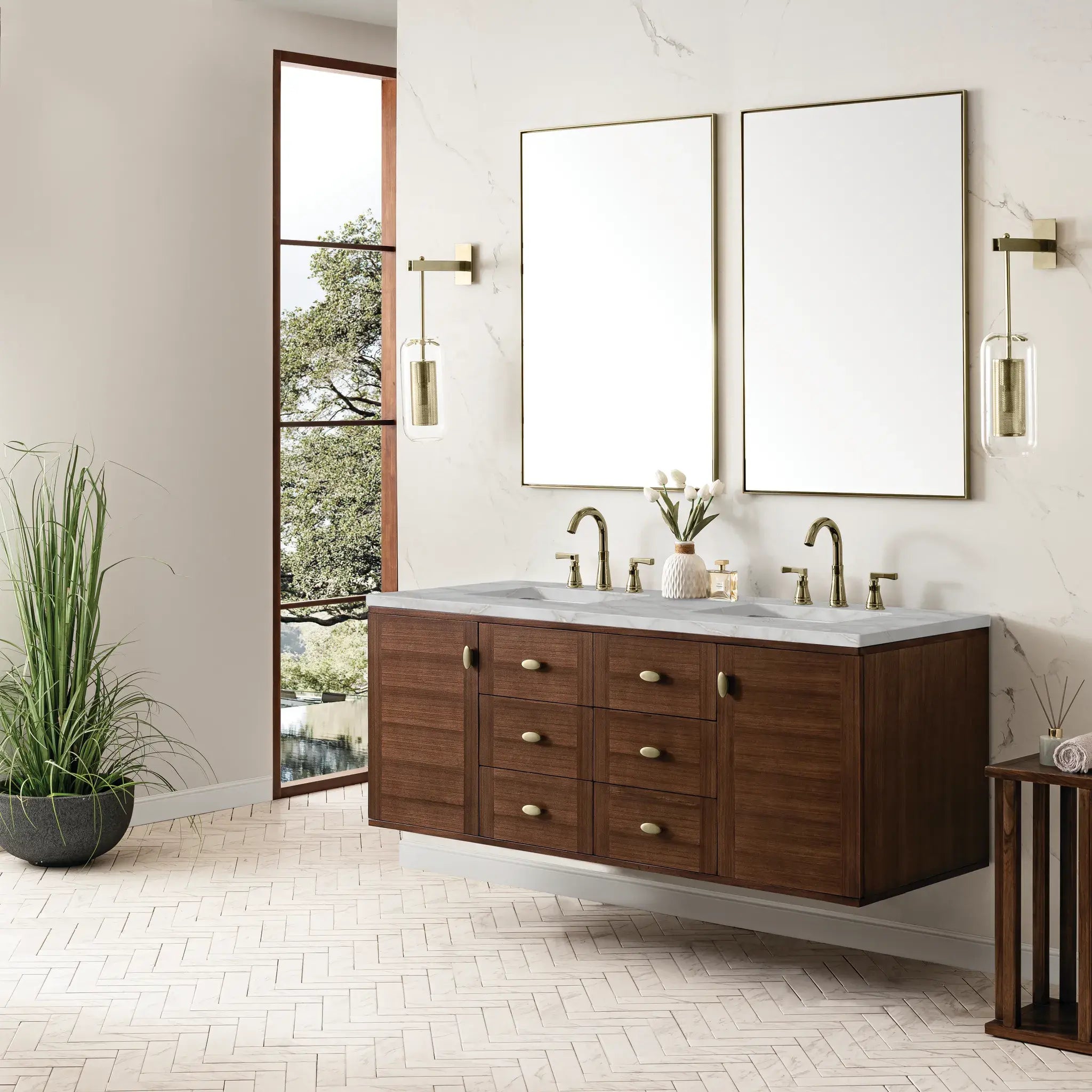 60" Amberly Double Vanity in Mid-Century Walnut Wireless Charger-Victorian Silver Silestone-8" Widespread image 8