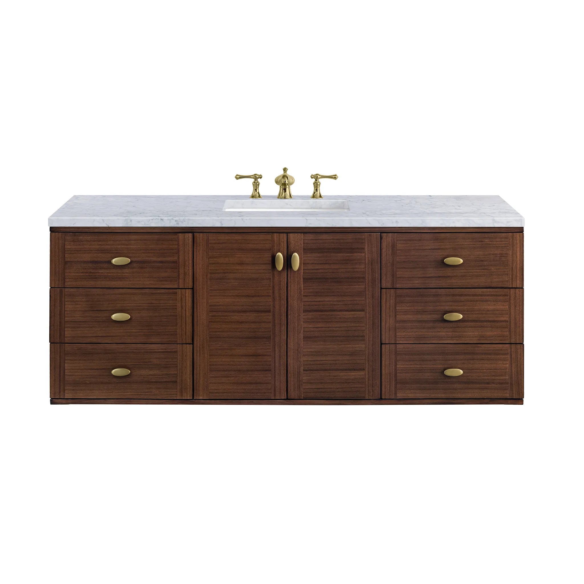 60" Amberly Single Vanity in Mid-Century Walnut-Carrara White Marble-8" Widespread image 1