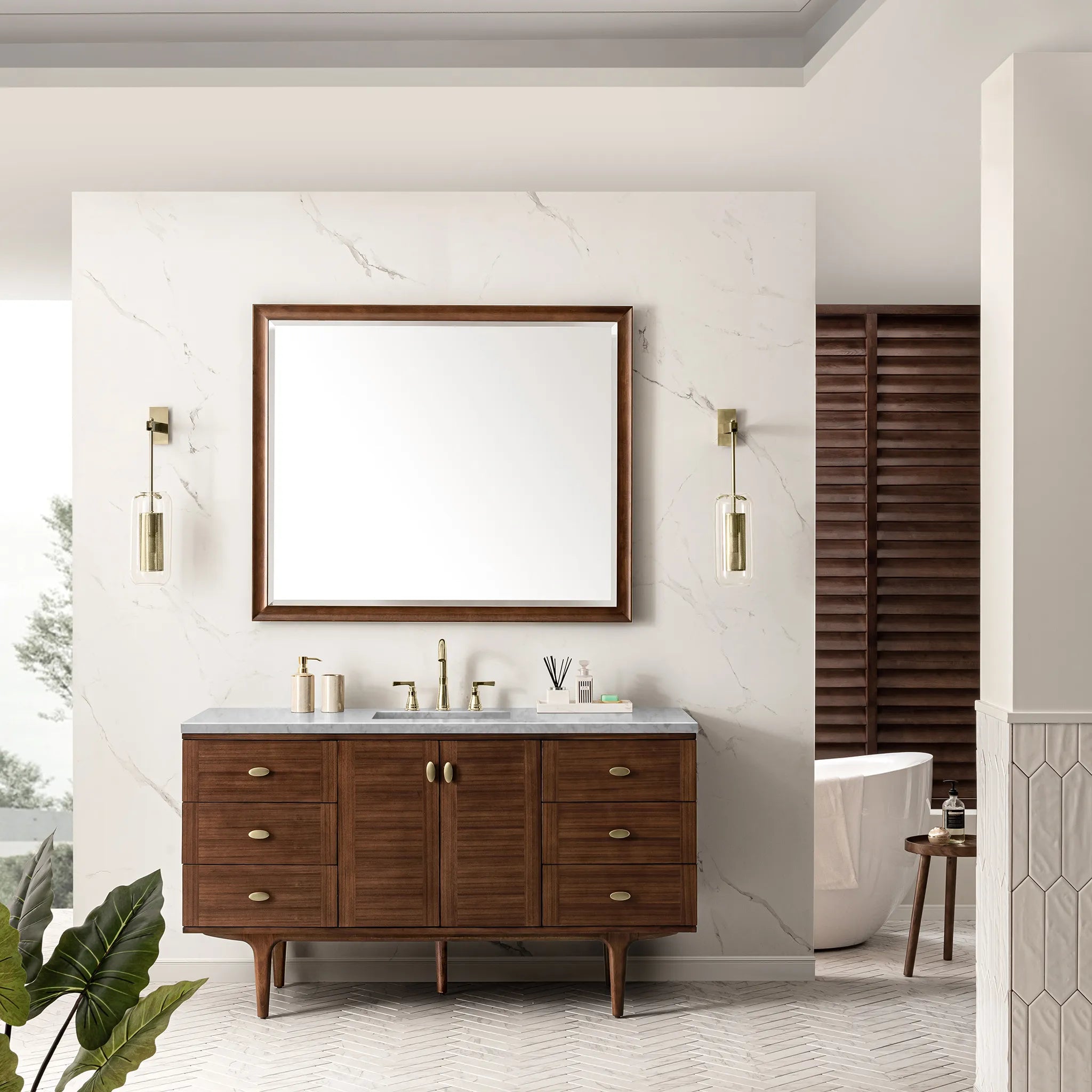 60" Amberly Single Vanity in Mid-Century Walnut-Carrara White Marble-8" Widespread image 2