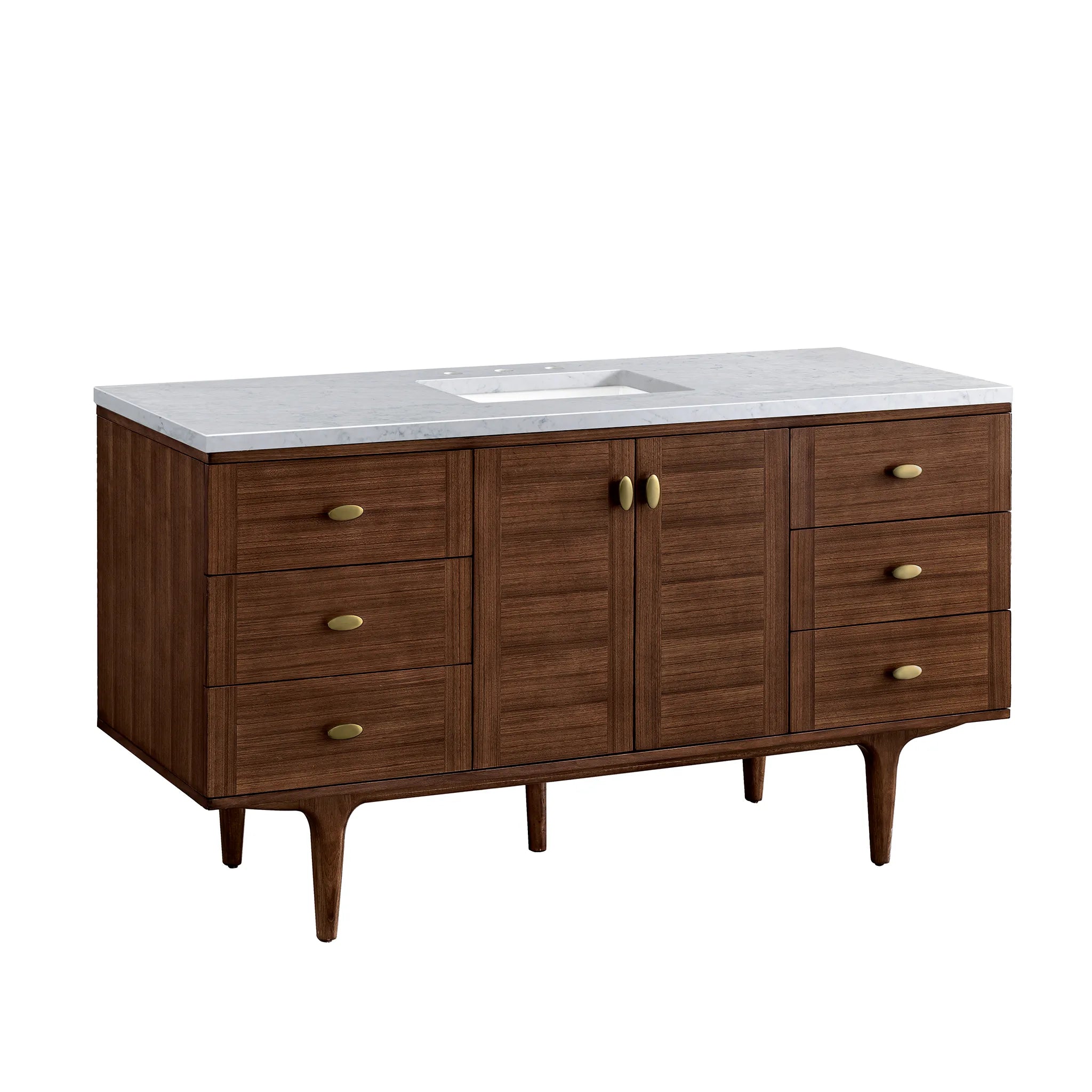 60" Amberly Single Vanity in Mid-Century Walnut-Carrara White Marble-8" Widespread image 8