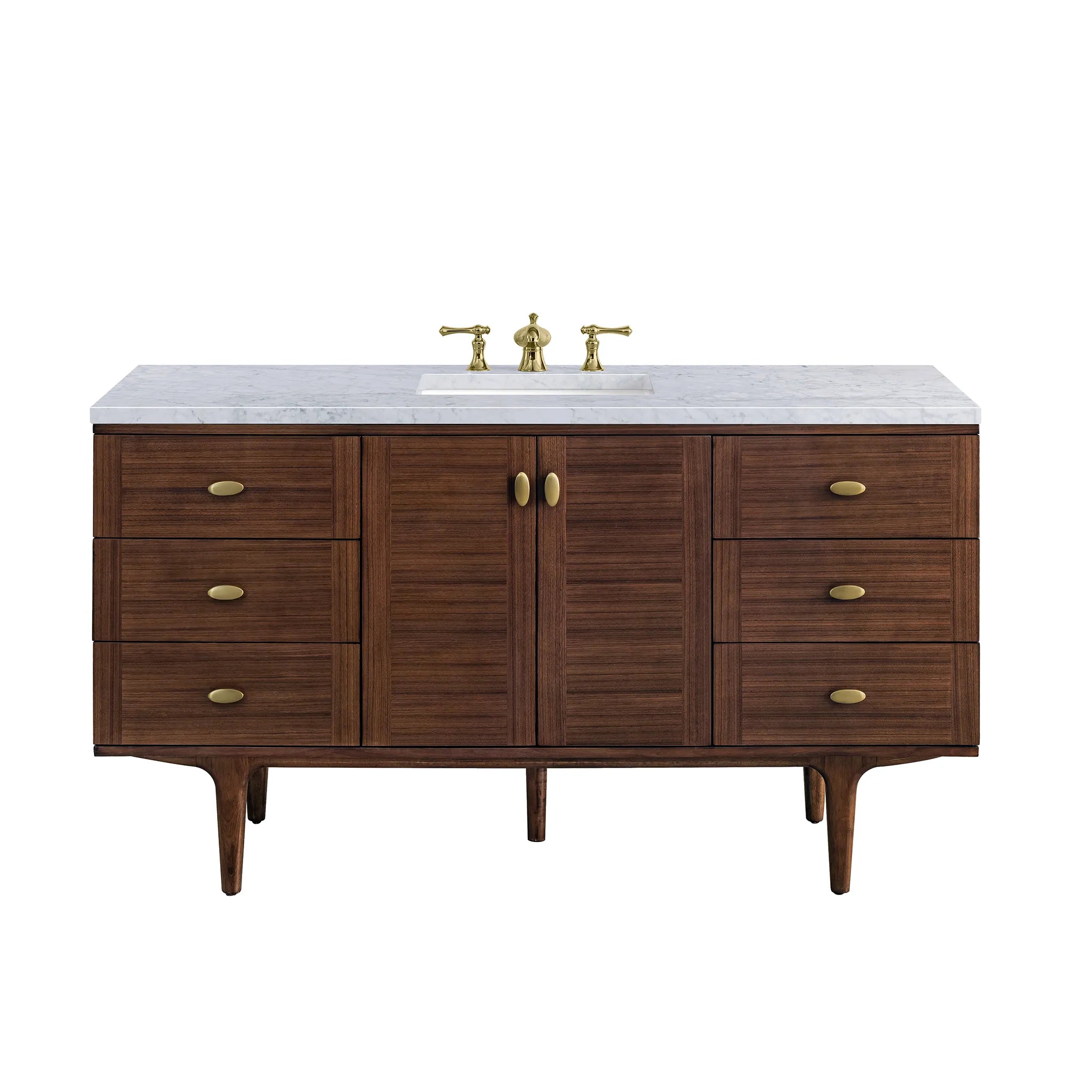 60" Amberly Single Vanity in Mid-Century Walnut-Carrara White Marble-8" Widespread image