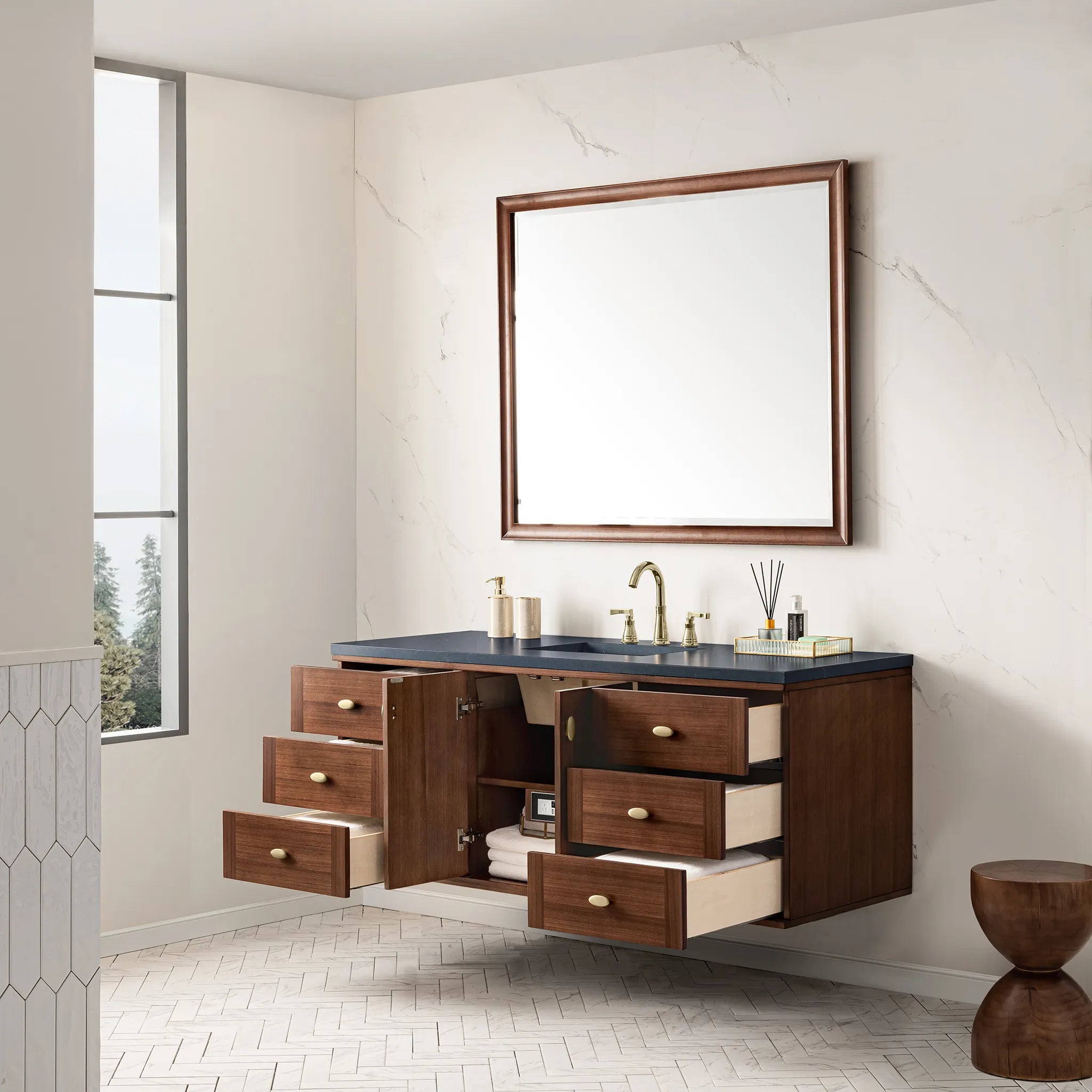 60" Amberly Single Vanity in Mid-Century Walnut-Charcoal Soapstone Silestone-8" Widespread image 11