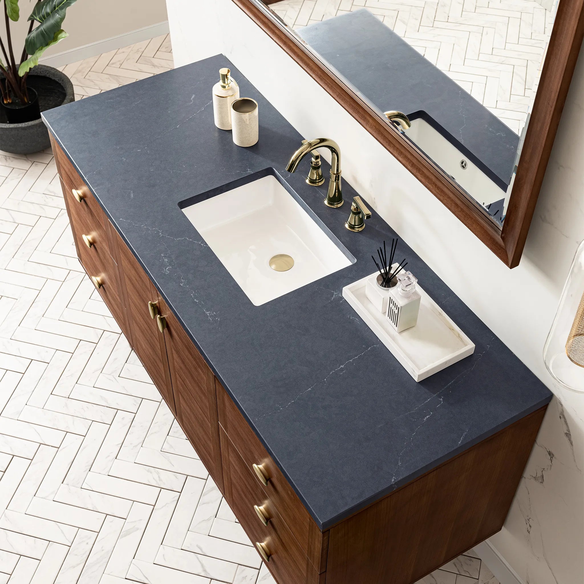 60" Amberly Single Vanity in Mid-Century Walnut-Charcoal Soapstone Silestone-8" Widespread image 12