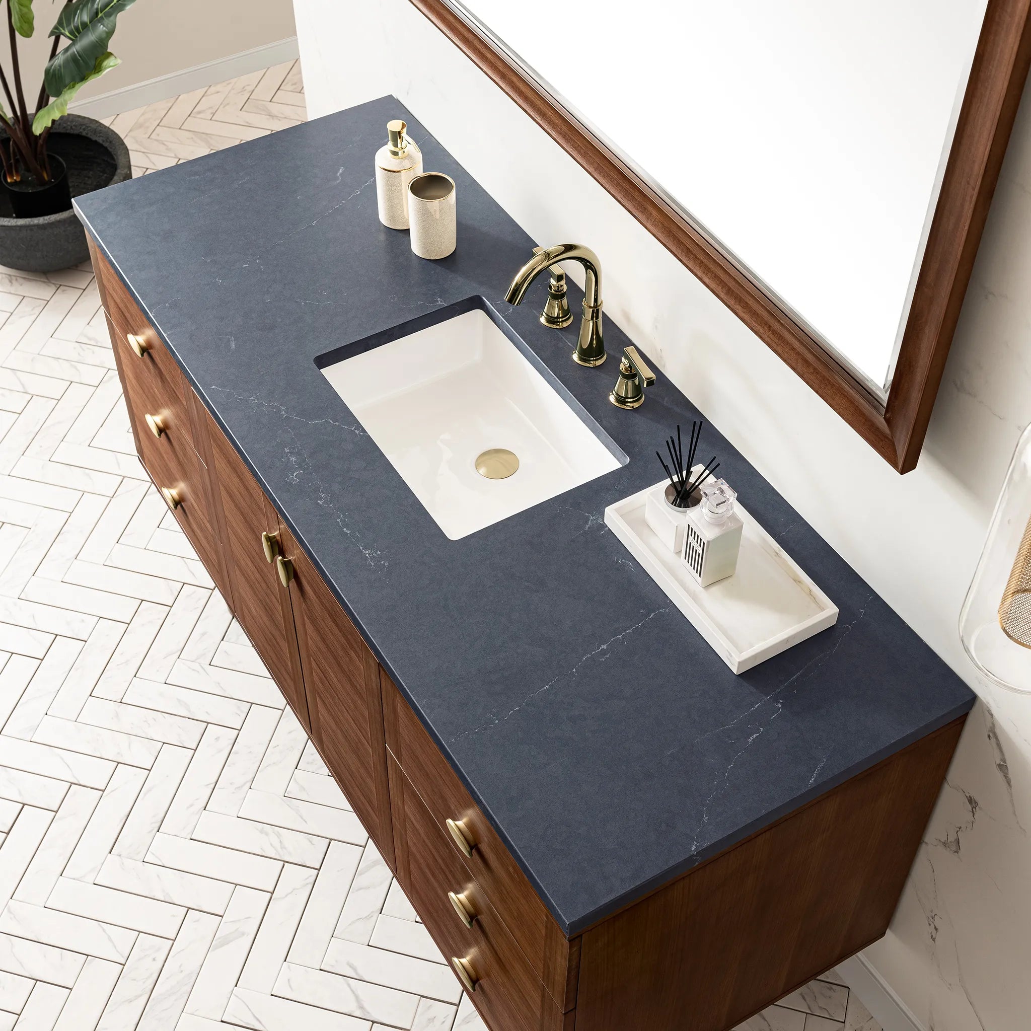 60" Amberly Single Vanity in Mid-Century Walnut-Charcoal Soapstone Silestone-8" Widespread image 13