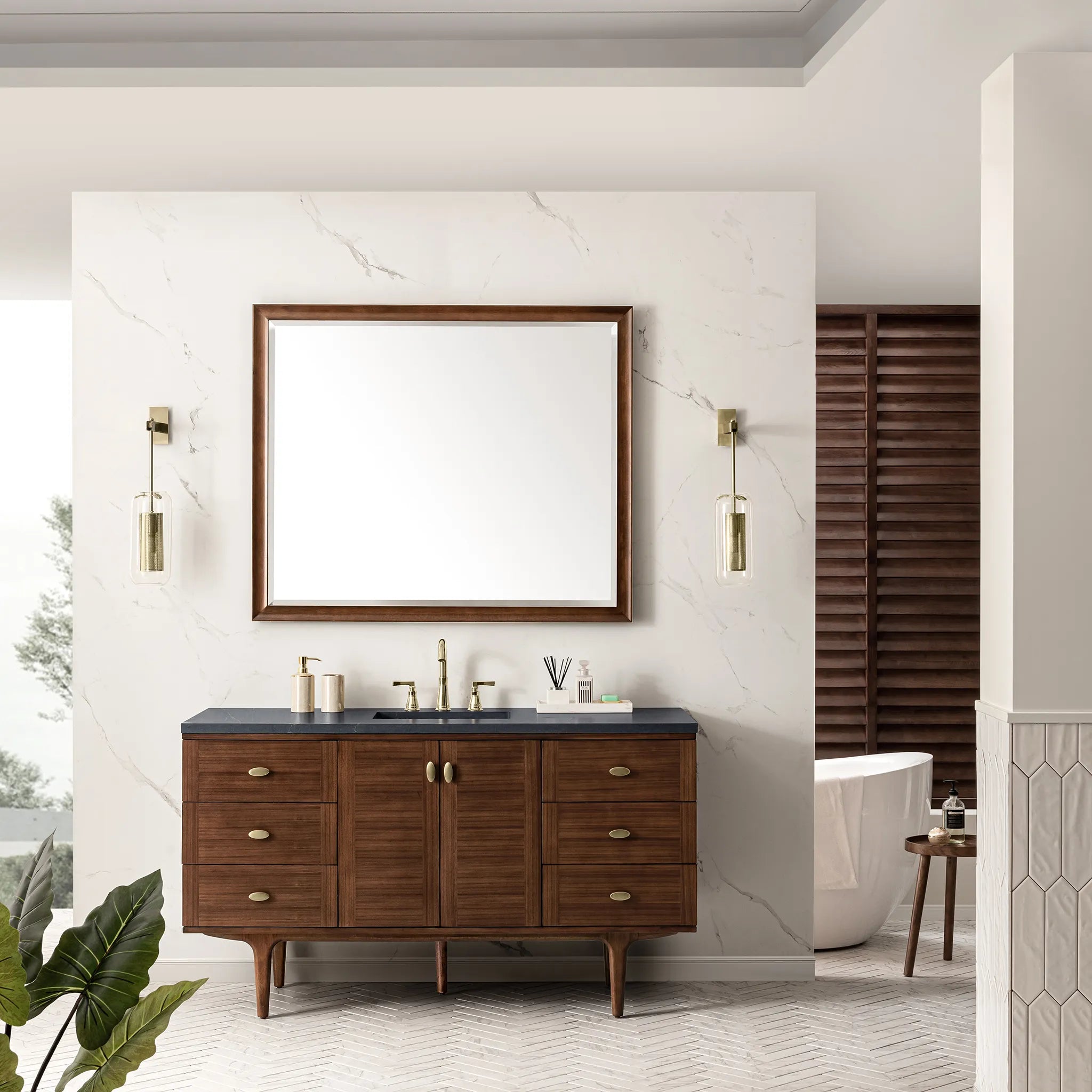 60" Amberly Single Vanity in Mid-Century Walnut-Charcoal Soapstone Silestone-8" Widespread image 2