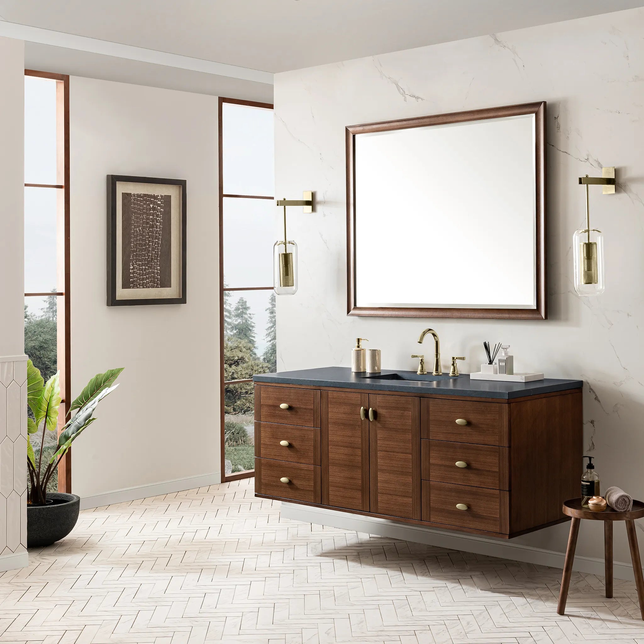 60" Amberly Single Vanity in Mid-Century Walnut-Charcoal Soapstone Silestone-8" Widespread image 7
