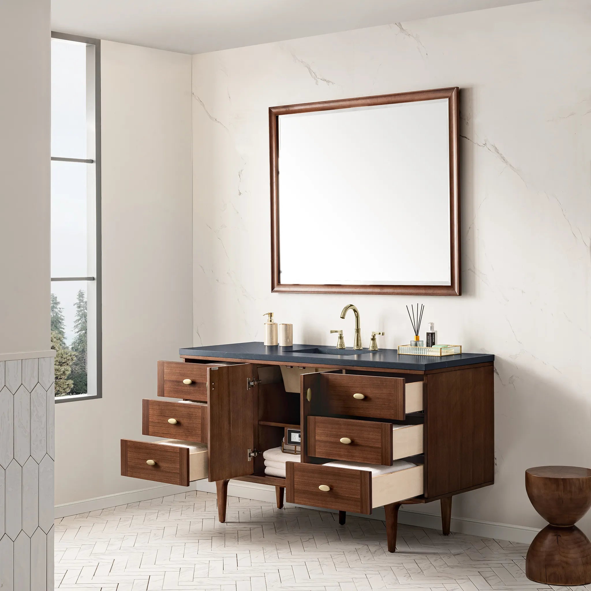 60" Amberly Single Vanity in Mid-Century Walnut-Charcoal Soapstone Silestone-8" Widespread image 8