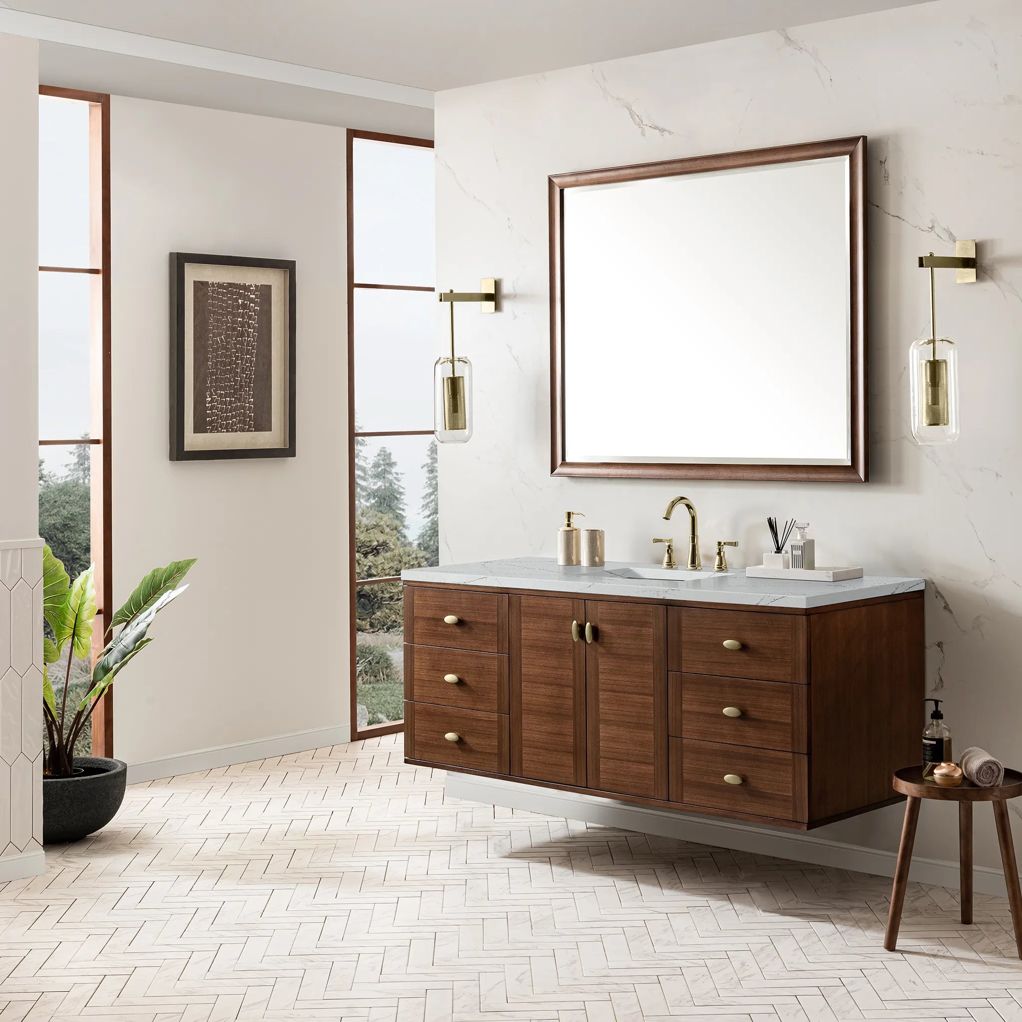 60" Amberly Single Vanity in Mid-Century Walnut-Ethereal Noctis Silestone-8" Widespread image 5