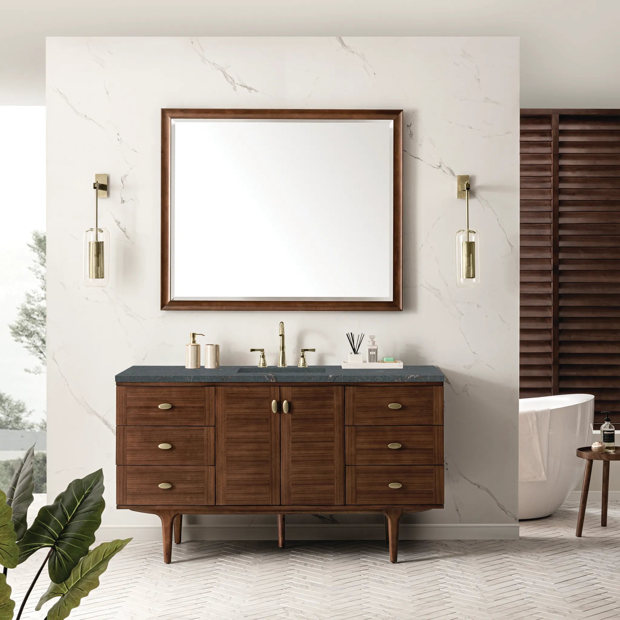 60" Amberly Single Vanity in Mid-Century Walnut-Parisien Bleu Silestone-8" Widespread image 2