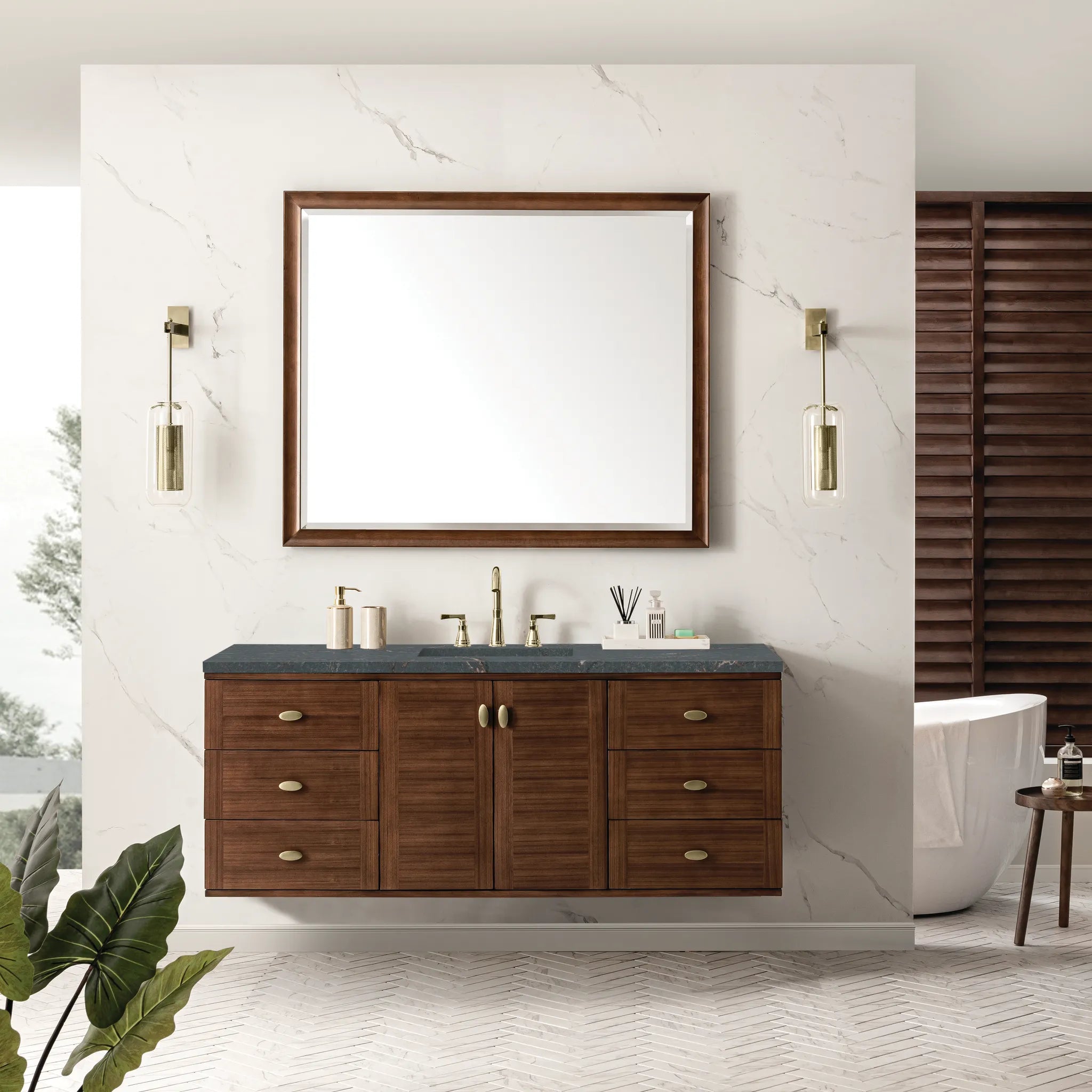60" Amberly Single Vanity in Mid-Century Walnut-Parisien Bleu Silestone-8" Widespread image 3