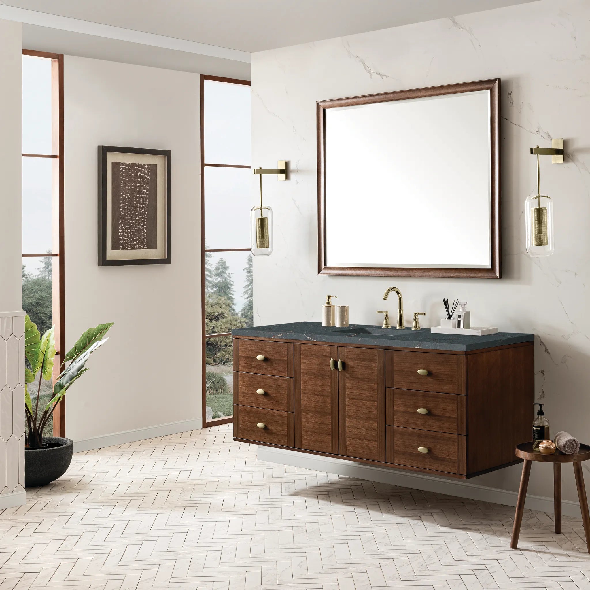 60" Amberly Single Vanity in Mid-Century Walnut-Parisien Bleu Silestone-8" Widespread image 5