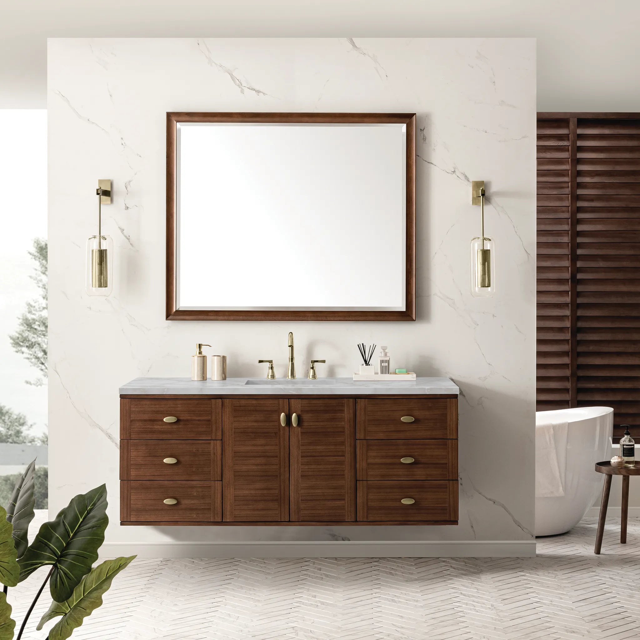60" Amberly Single Vanity in Mid-Century Walnut-Victorian Silver Silestone-8" Widespread image 3