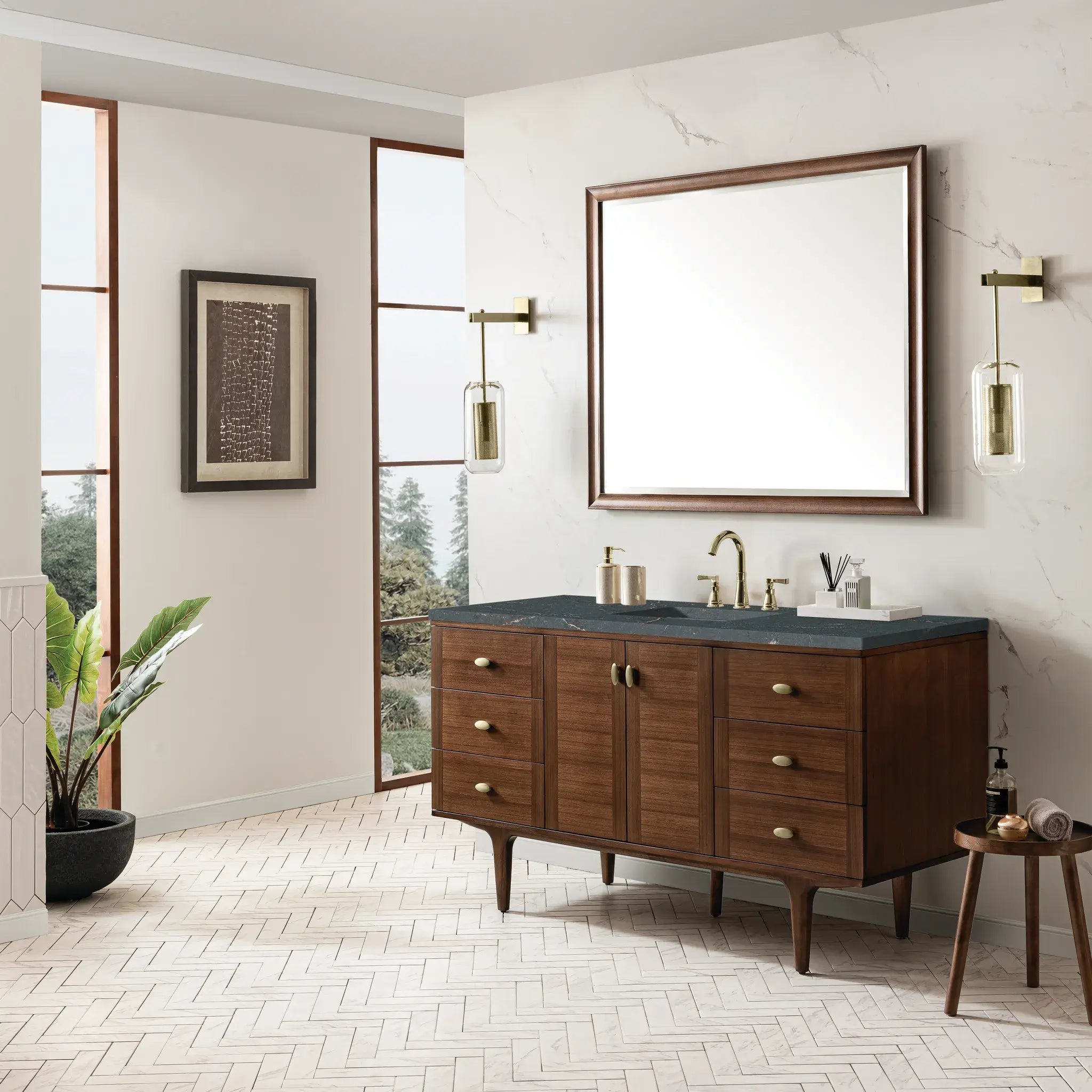 60" Amberly Single Vanity in Mid-Century Walnut w/FreePower Wireless Charger-Parisien Bleu Silestone-8" Widespread image 7