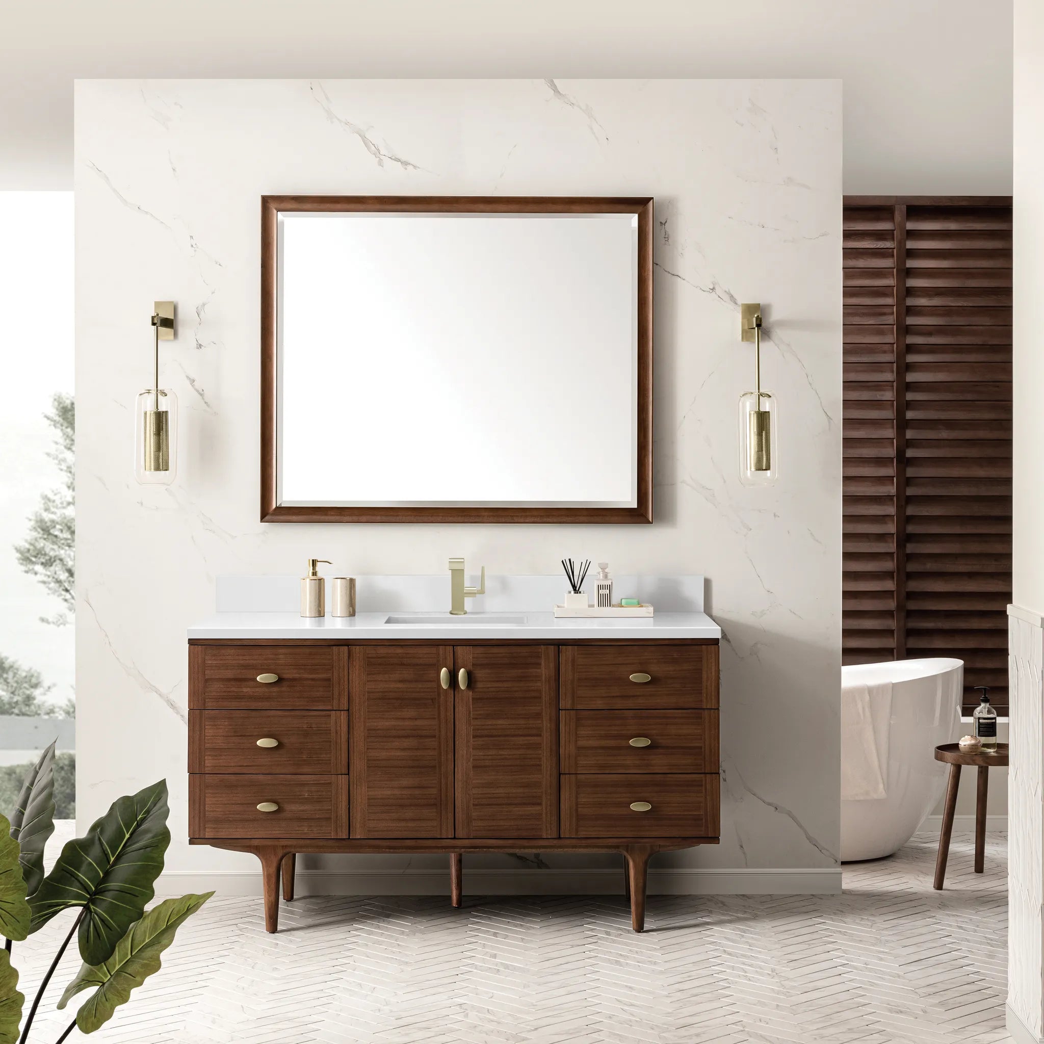 60" Amberly Single Vanity in Mid-Century Walnut-White Zeus Silestone & Backsplash-Single Hole image 2