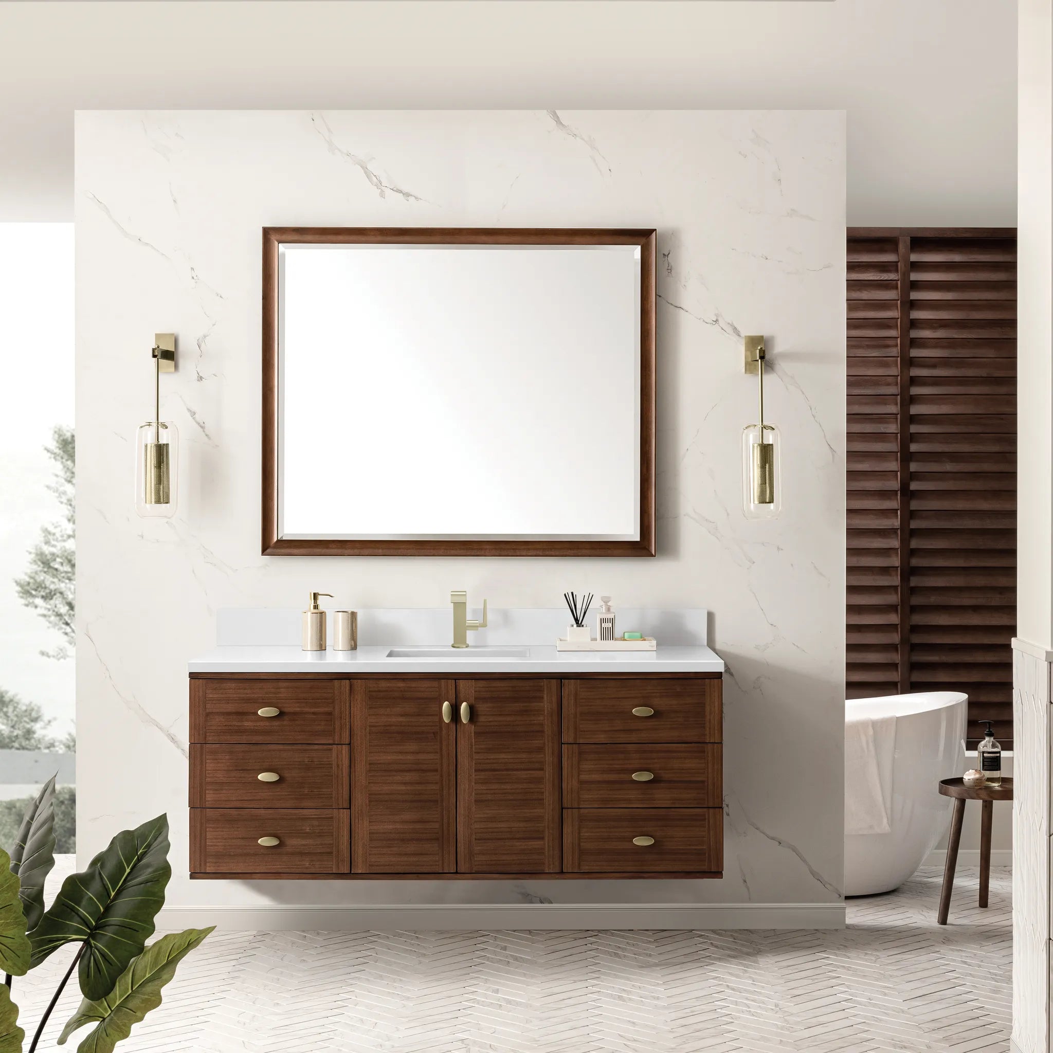 60" Amberly Single Vanity in Mid-Century Walnut-White Zeus Silestone & Backsplash-Single Hole image 3
