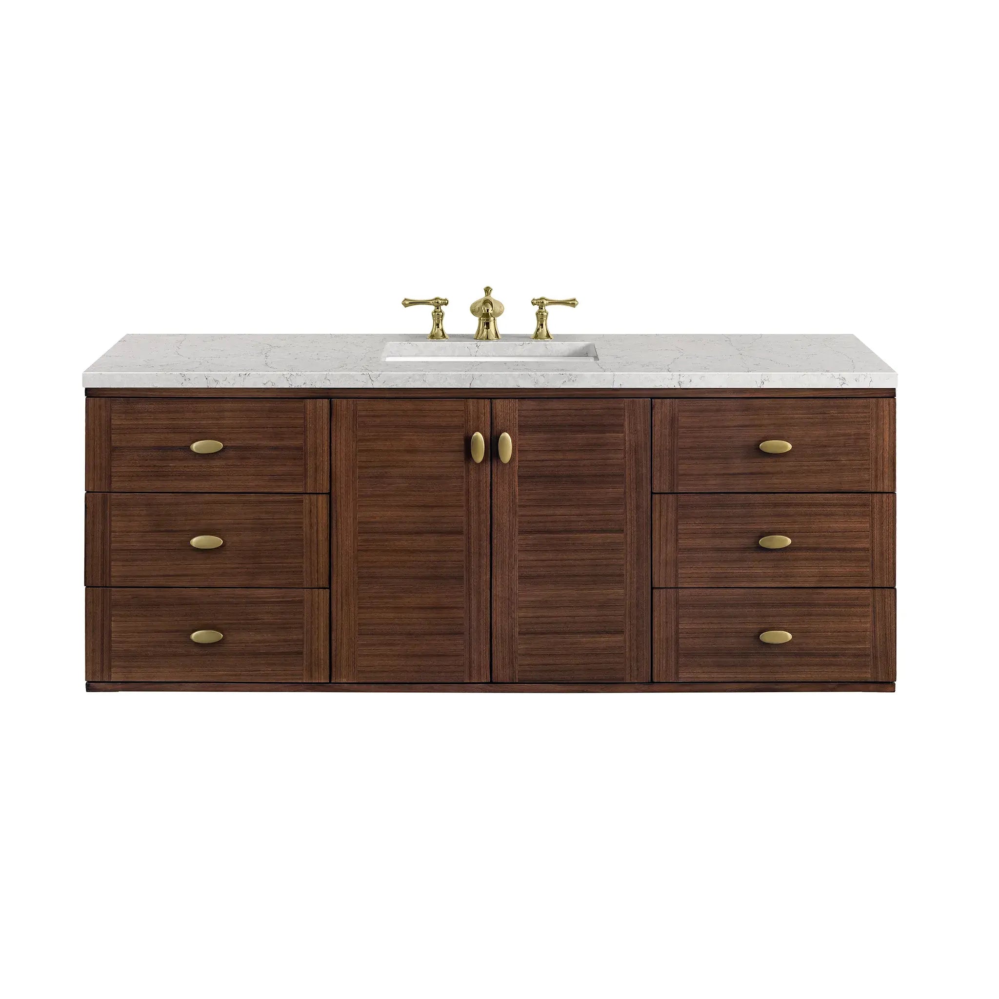 60" Amberly Single Vanity in Mid-Century Walnut Wireless Charger-Eternal Jasmine Pearl Silestone-8" Widespread image 1